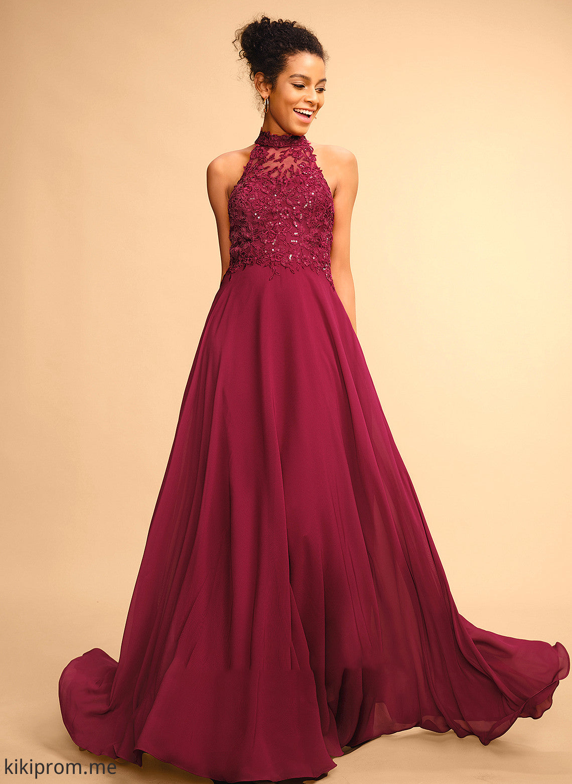 Lace A-Line Sequins Saige With Floor-Length Prom Dresses Chiffon Halter