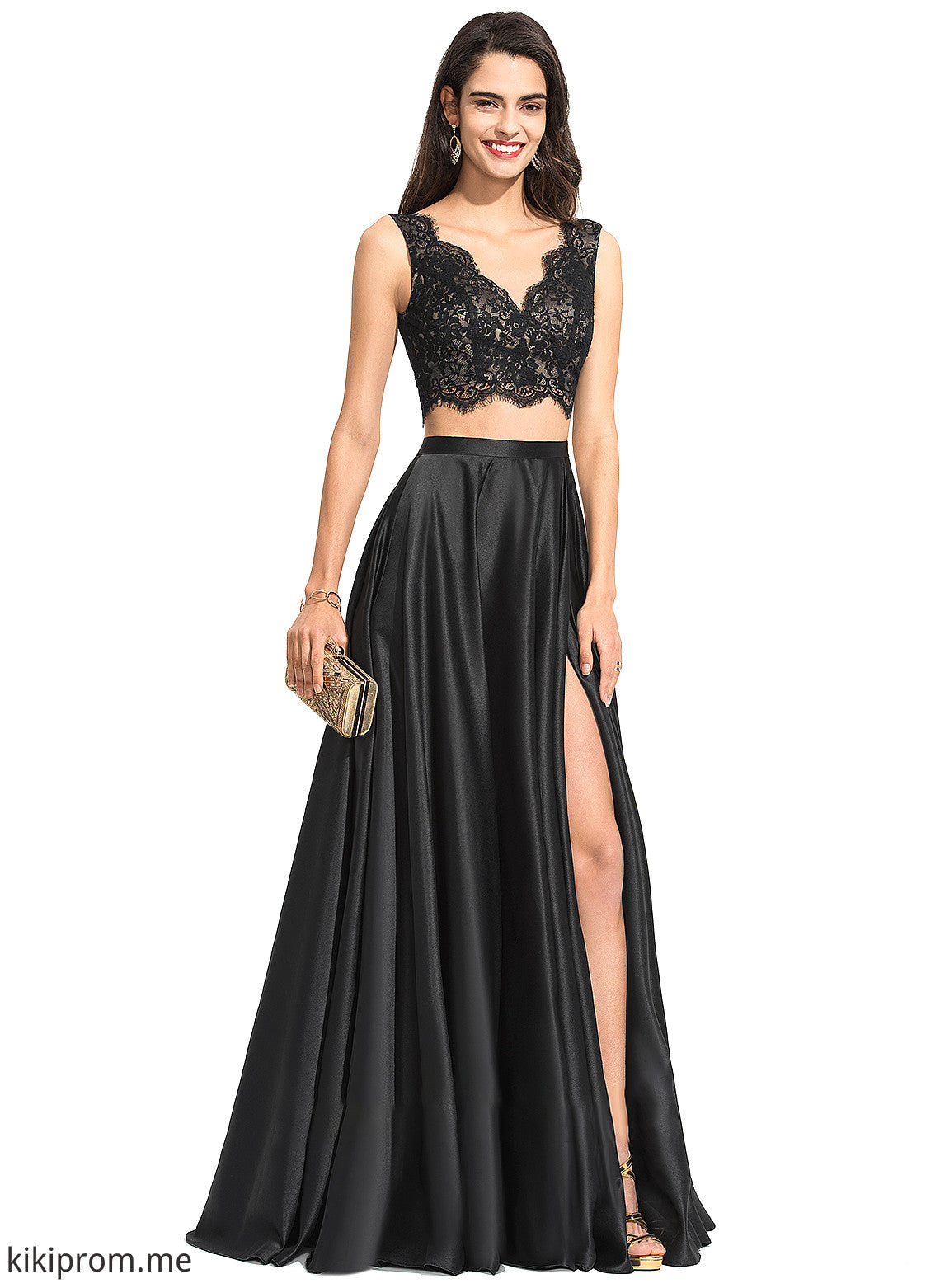 Front Satin Floor-Length With Split A-Line Prom Dresses V-neck Ruth