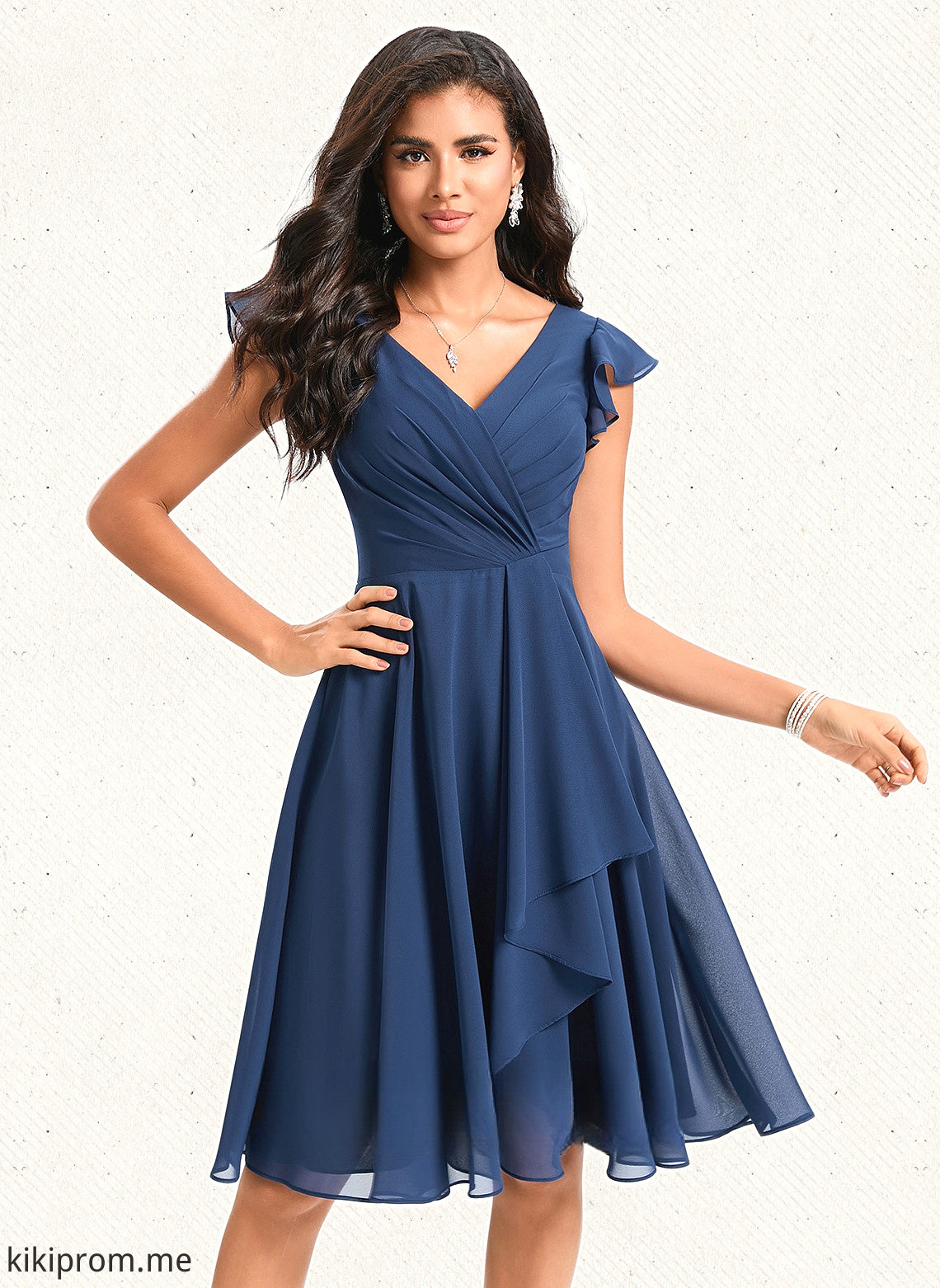 Madelynn A-line V-Neck Knee-Length Chiffon Homecoming Dress With Ruffle HFP0025684