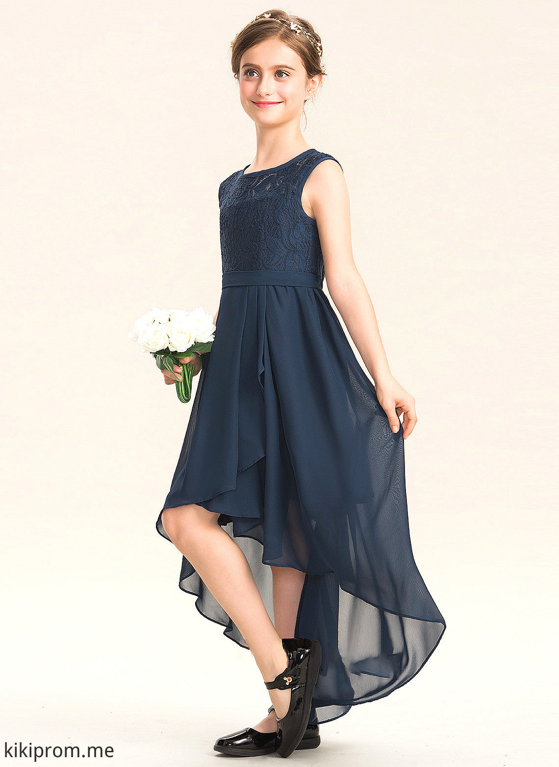 With Neck Chiffon Junior Bridesmaid Dresses Charlee A-Line Scoop Bow(s) Cascading Asymmetrical Ruffles Lace