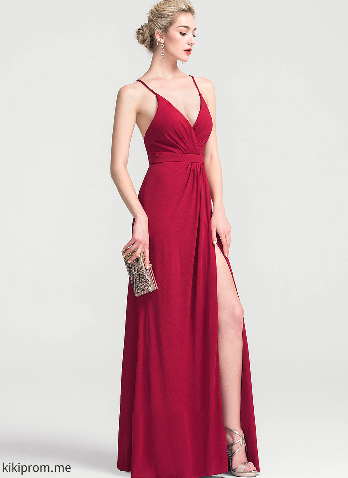 With Kaitlin Ruffle V-neck Floor-Length Jersey Sheath/Column Prom Dresses