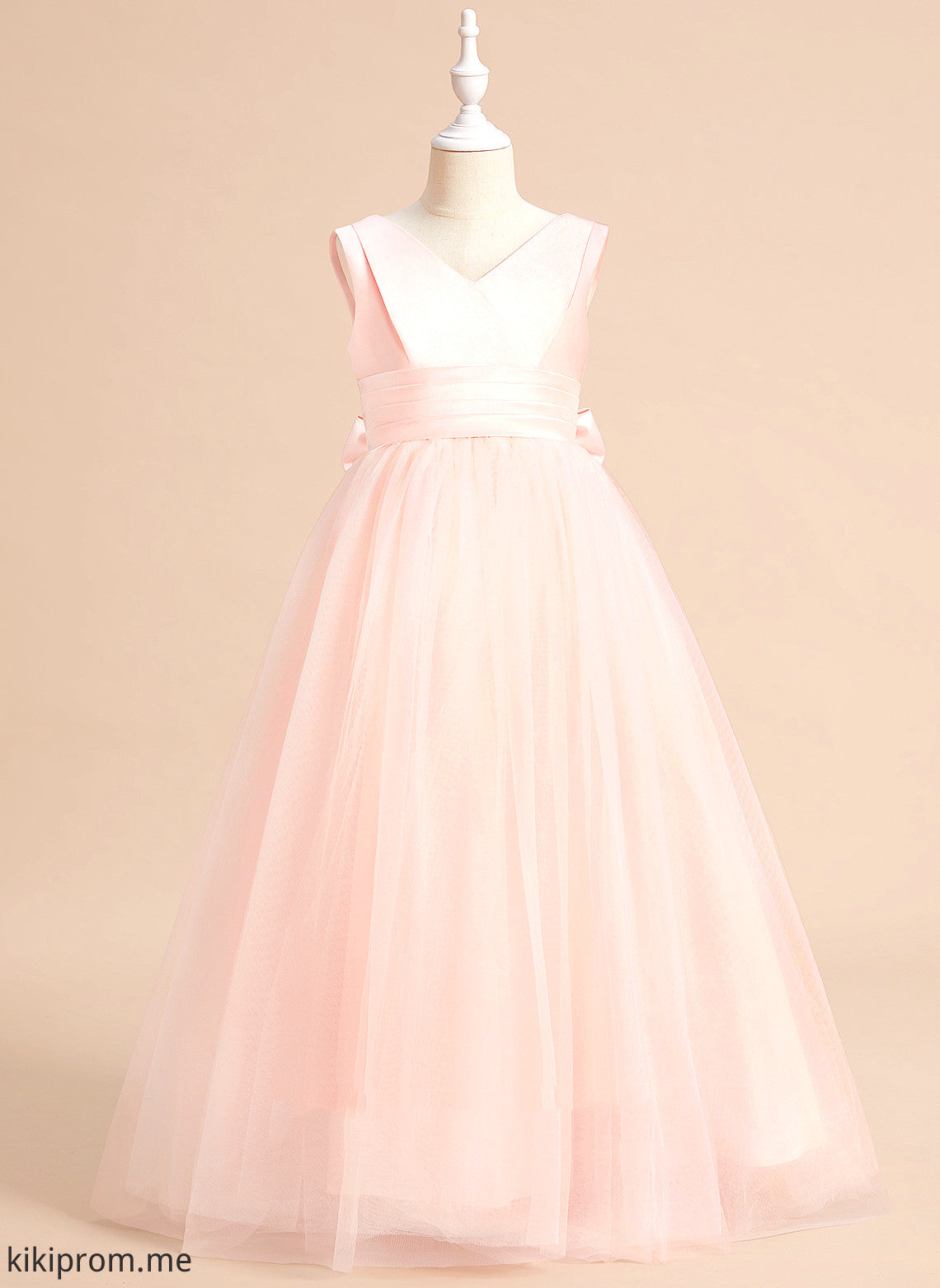 Noelle Sleeveless Bow(s) Floor-length Ball-Gown/Princess With Satin/Tulle - Flower Girl V-neck Flower Girl Dresses Dress