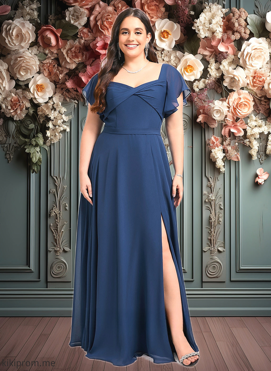 Jillian A-line V-Neck Floor-Length Chiffon Bridesmaid Dress With Ruffle HFP0025802