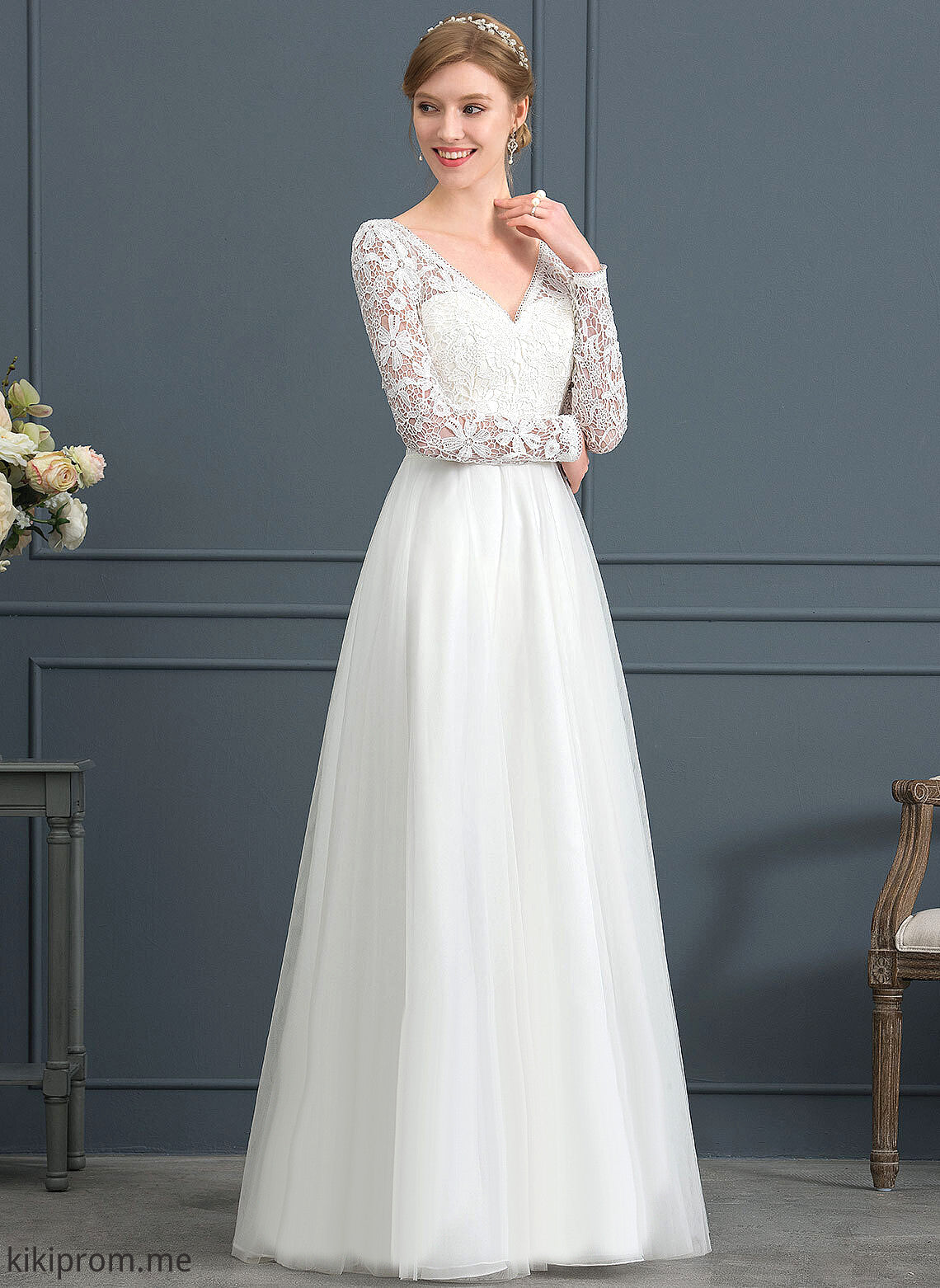 Wedding Dresses A-Line Floor-Length Wedding Jessica V-neck Lace Tulle Dress