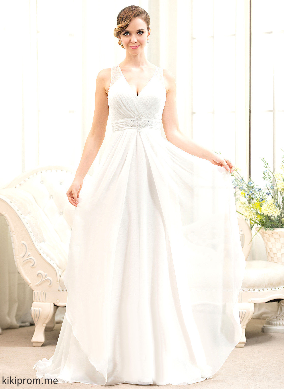 Chiffon Wedding Dresses Cascading A-Line Beading V-neck Adeline Train With Wedding Ruffles Sweep Dress Tulle Sequins