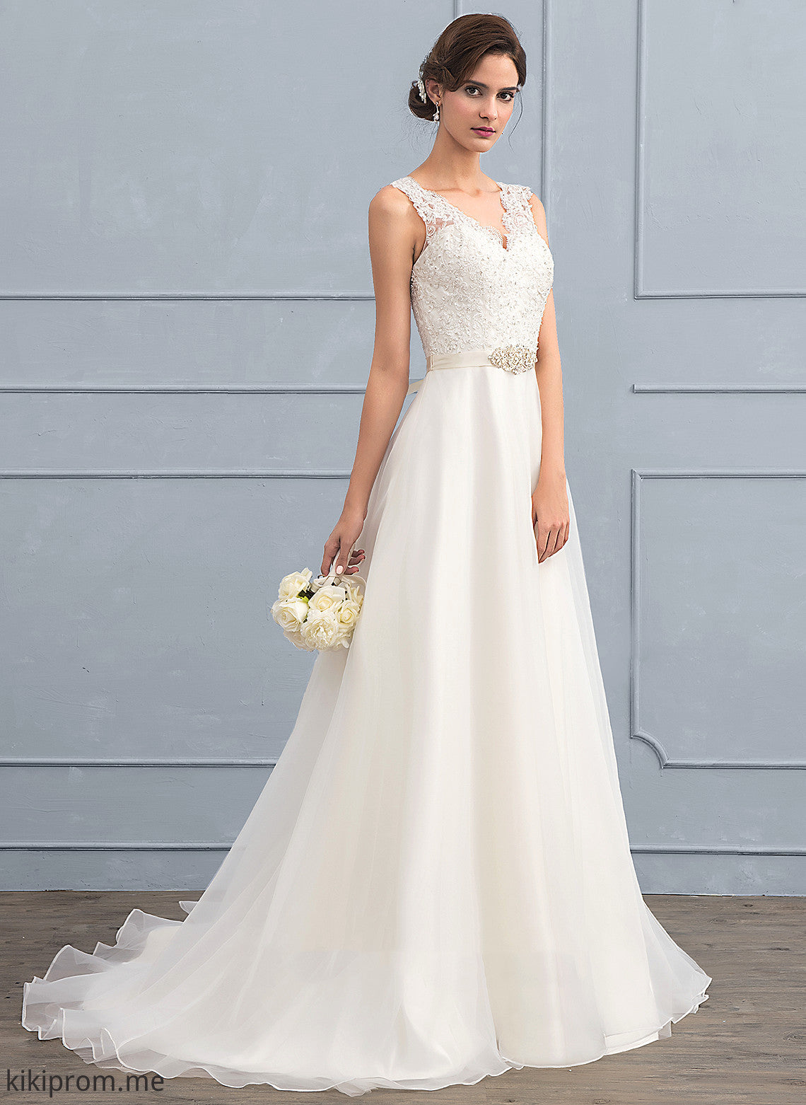 V-neck Organza Faith Train A-Line Lace Wedding Dresses Sweep Beading Bow(s) Dress With Wedding