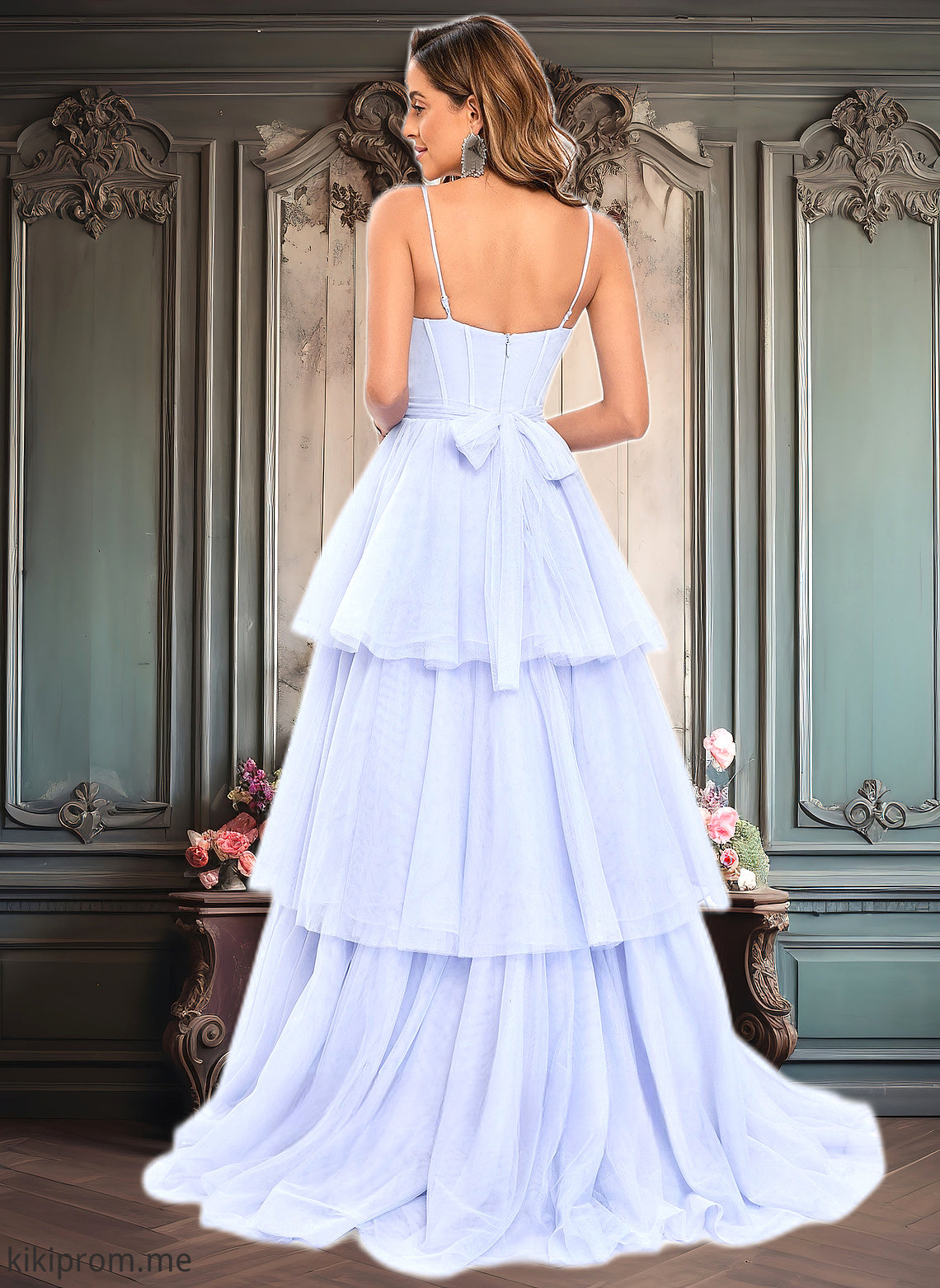 Elva Ball-Gown/Princess Sweetheart Sweep Train Tulle Prom Dresses With Bow HFP0025843