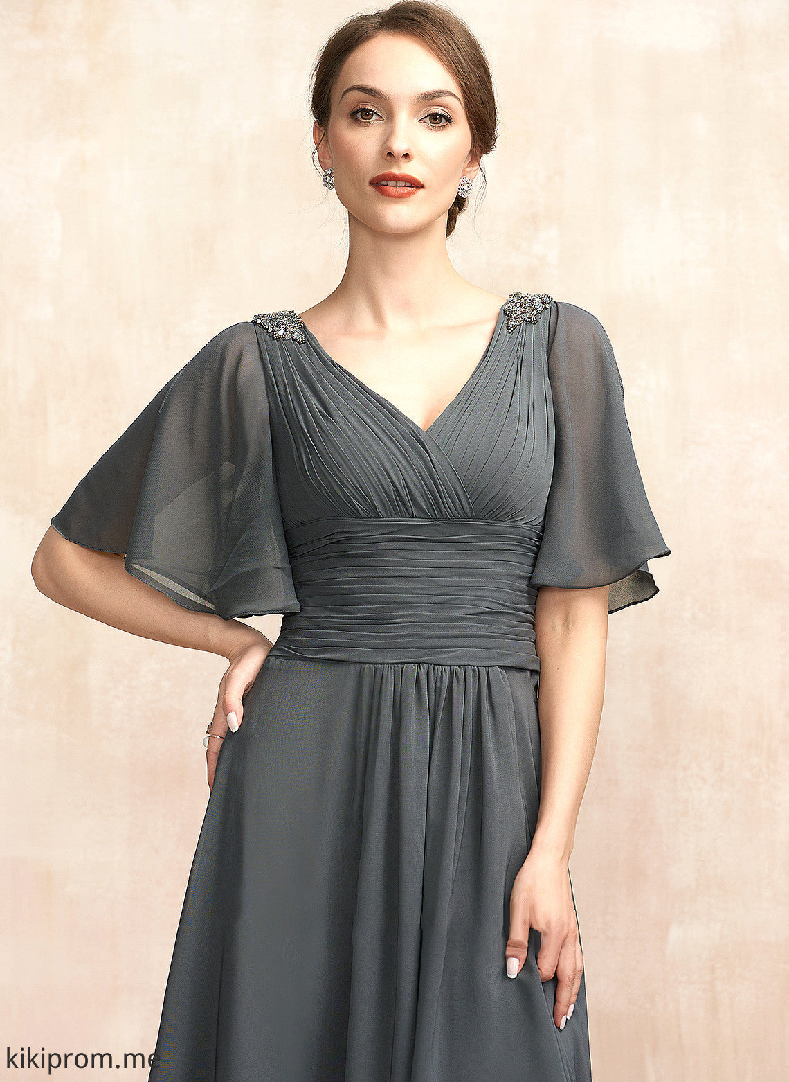 Dress A-Line of V-neck Chiffon the Asymmetrical Bride Mother of the Bride Dresses Mother Ruffle Gianna With Beading