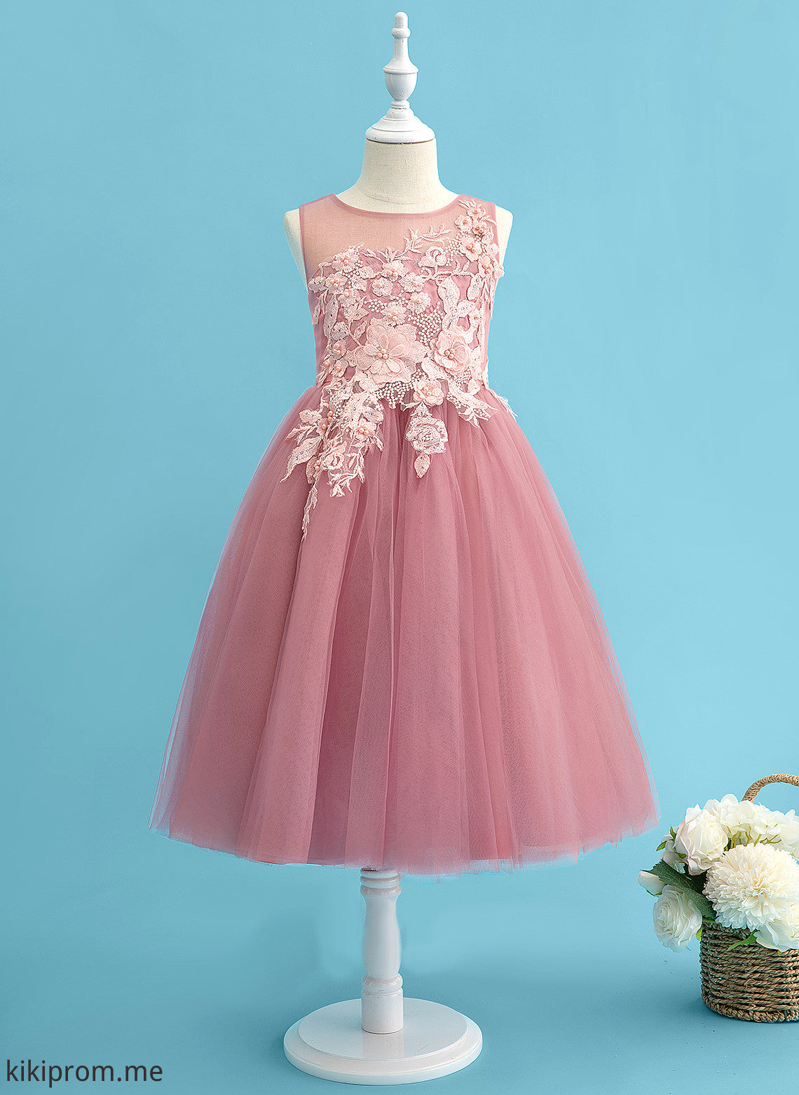 Tulle Sleeveless Girl Scoop Dress Flower Neck Jordin With Flower Girl Dresses Tea-length Lace/Beading - Ball-Gown/Princess