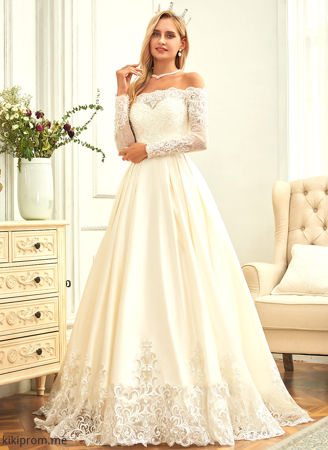 Satin Wedding Dresses With Train Dress Wedding Kaleigh Ball-Gown/Princess Beading Sweep Lace Sequins Off-the-Shoulder