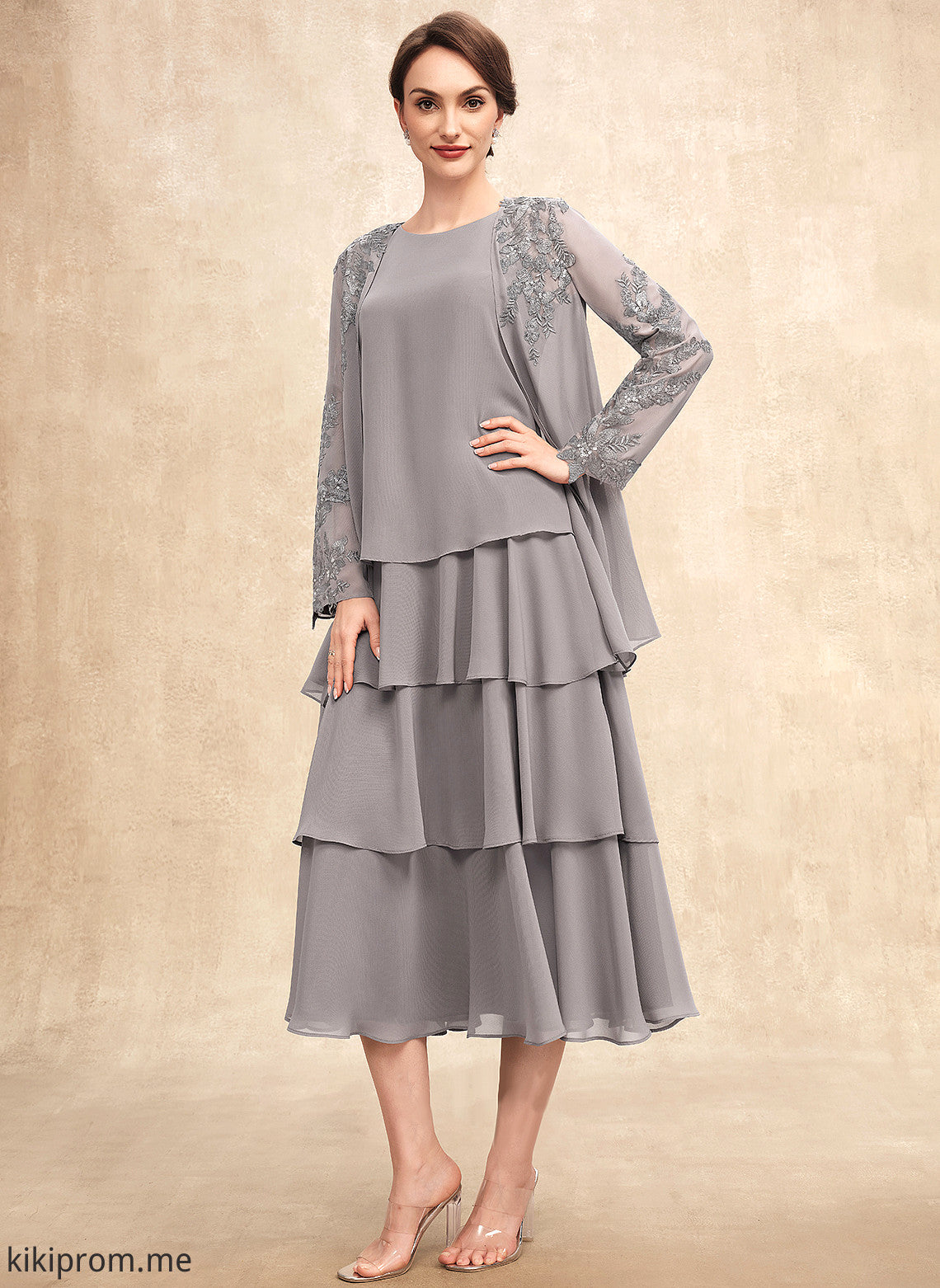 Dress Tea-Length the A-Line Cascading Mother of Neck Chiffon Scoop With Mother of the Bride Dresses Ayana Bride Ruffles