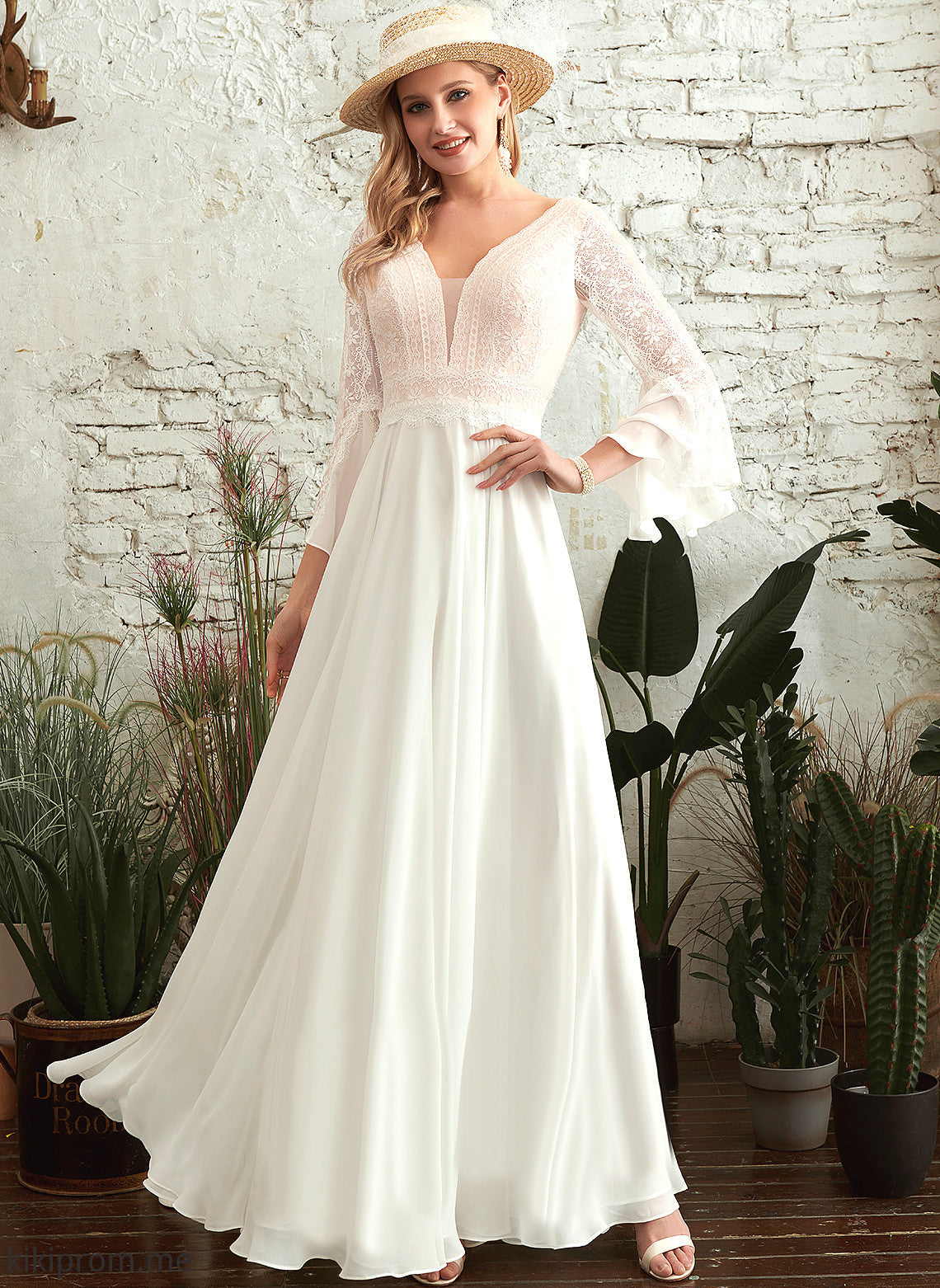 Floor-Length Lace Joanna A-Line Wedding Dresses Dress Wedding Chiffon V-neck