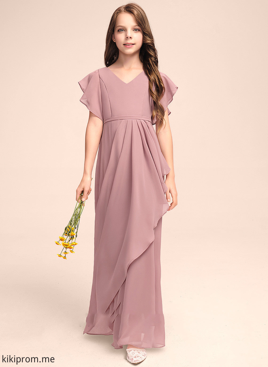 With Junior Bridesmaid Dresses V-neck Maud Chiffon Cascading Ruffles A-Line Floor-Length