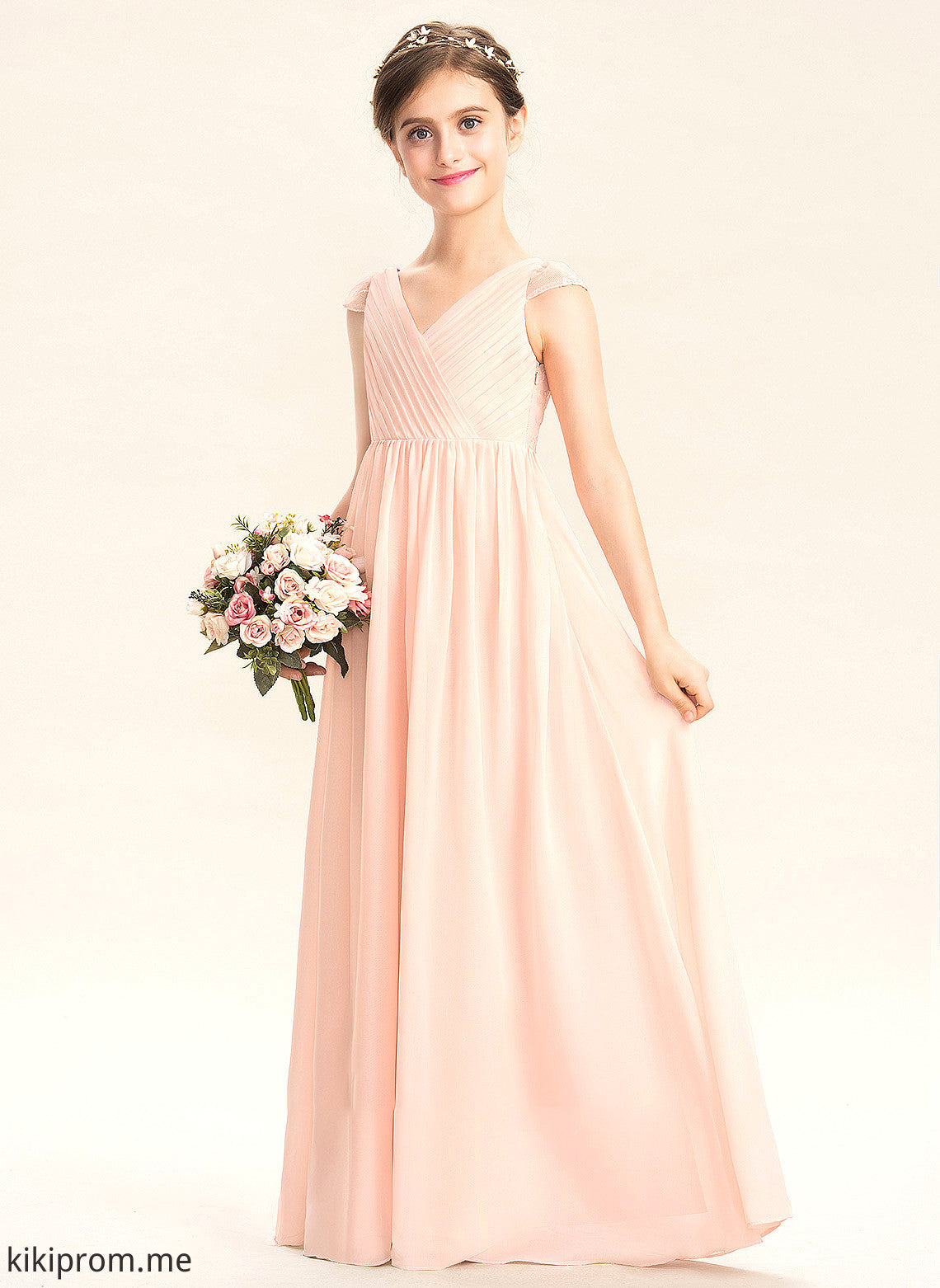 With V-neck A-Line Floor-Length Tess Chiffon Lace Ruffle Junior Bridesmaid Dresses