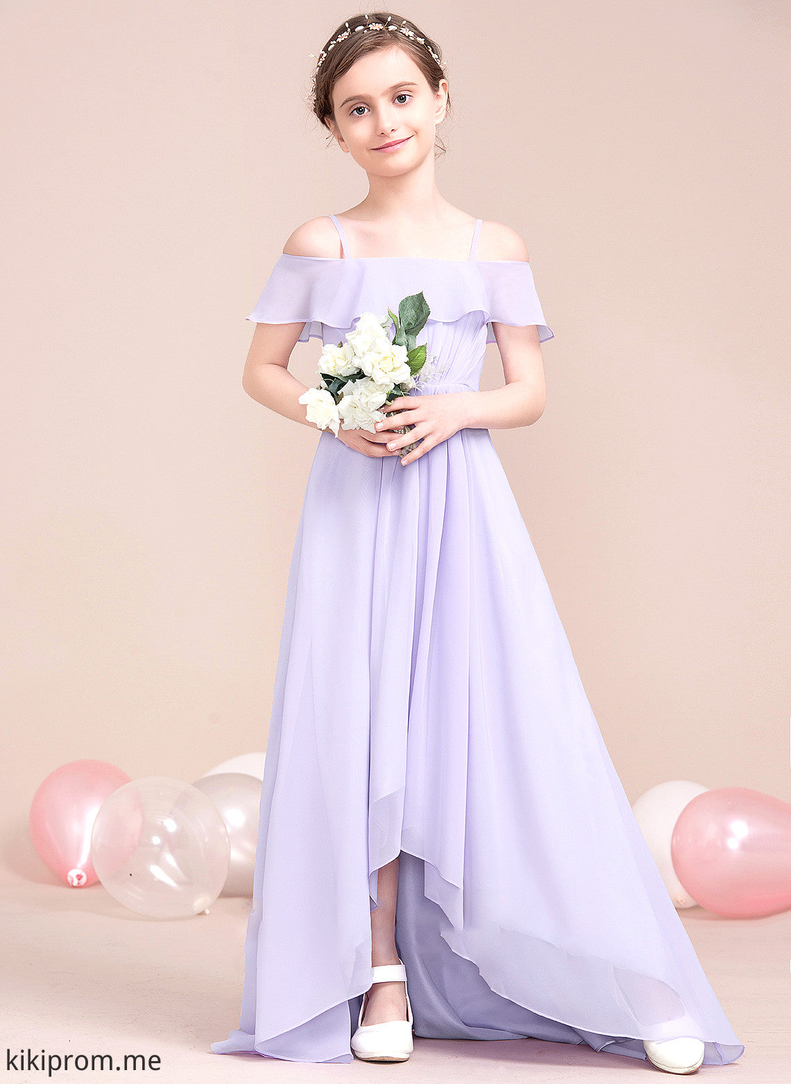 With Junior Bridesmaid Dresses Asymmetrical Catalina Cascading A-Line Ruffles Chiffon Off-the-Shoulder