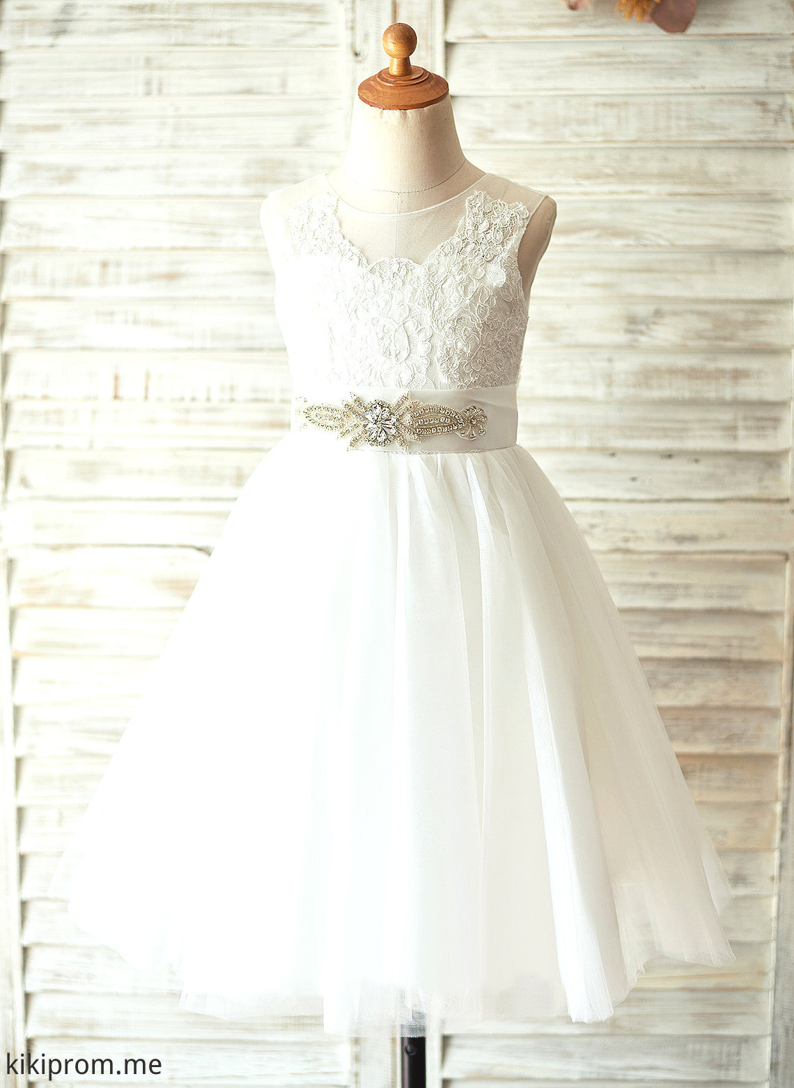 Tulle/Lace Flower Girl Dresses Scoop A-Line Sleeveless Bow(s) Dress - Knee-length With Shannon Flower Girl Neck