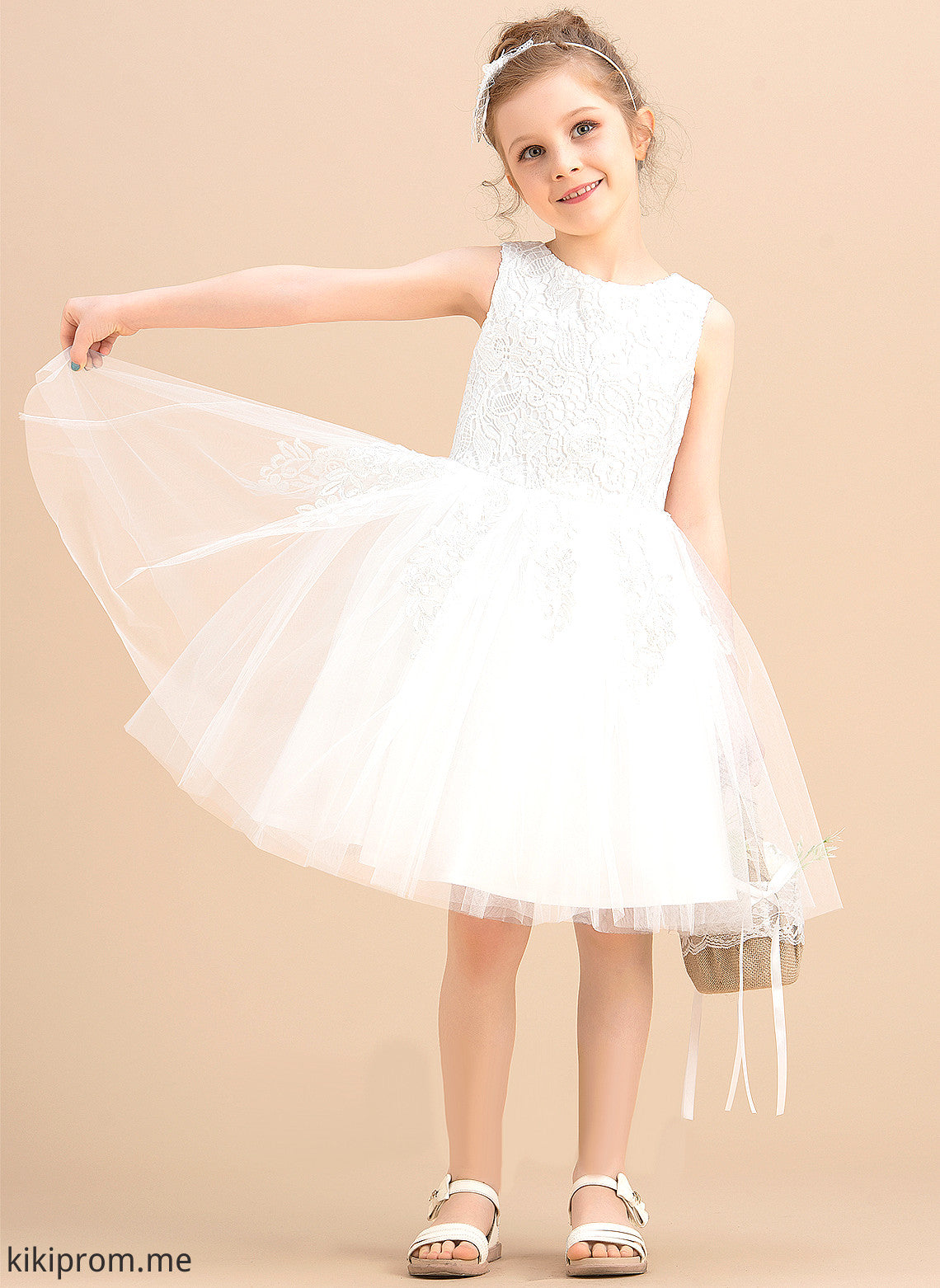 Flower Girl Dresses A-Line Tulle/Lace Scoop - Lace/Bow(s) With Flower Girl Dress Sleeveless Tia Neck Knee-length