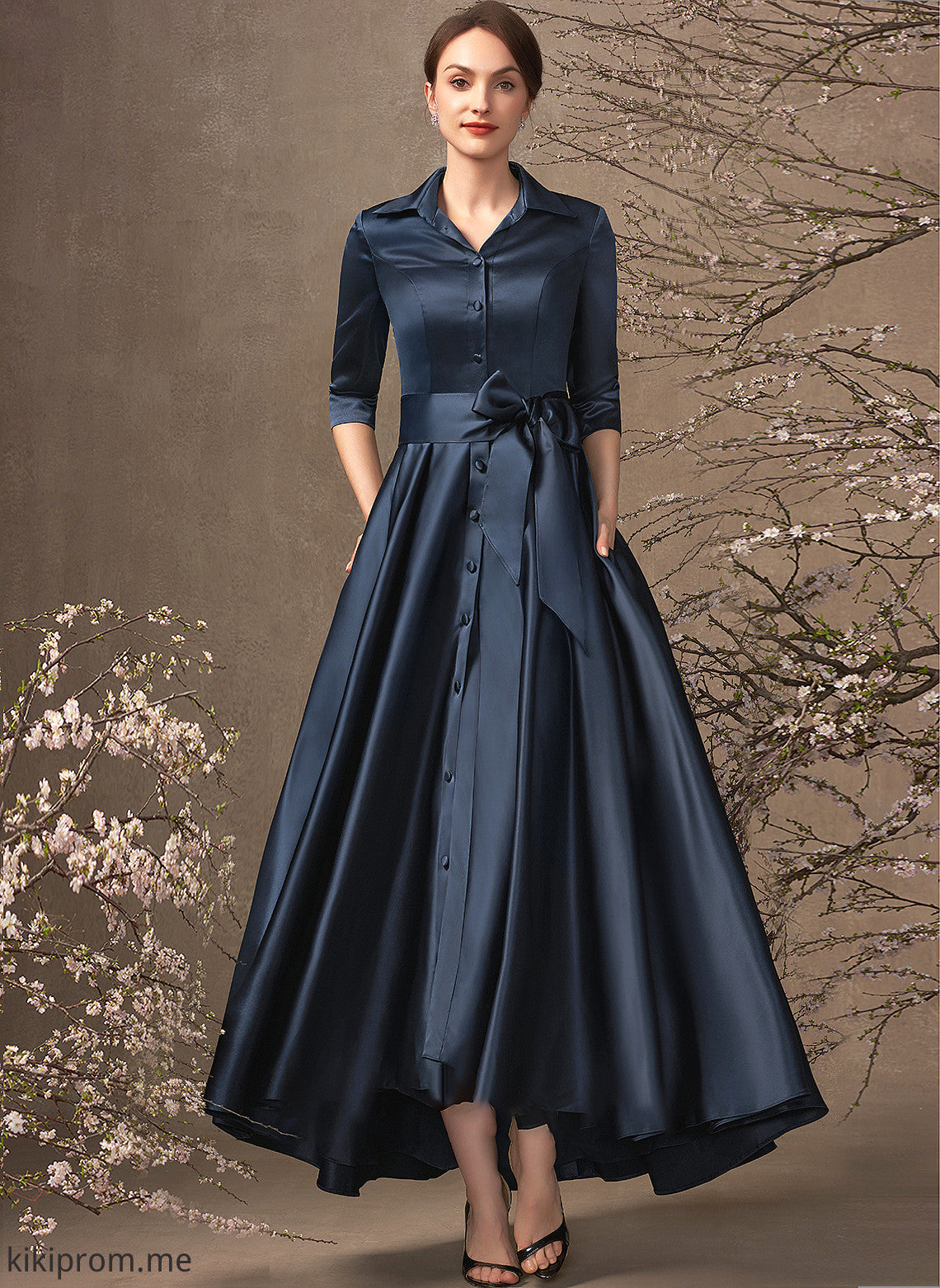 A-Line Dress Pockets the Asymmetrical Bow(s) Bride Mother Annabella Satin Mother of the Bride Dresses of V-neck With