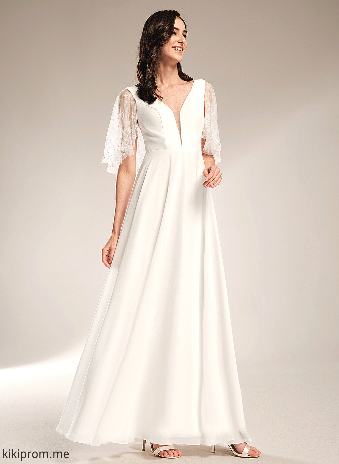 V-neck Floor-Length Wedding A-Line Beading With Dress Wedding Dresses Chiffon Cindy