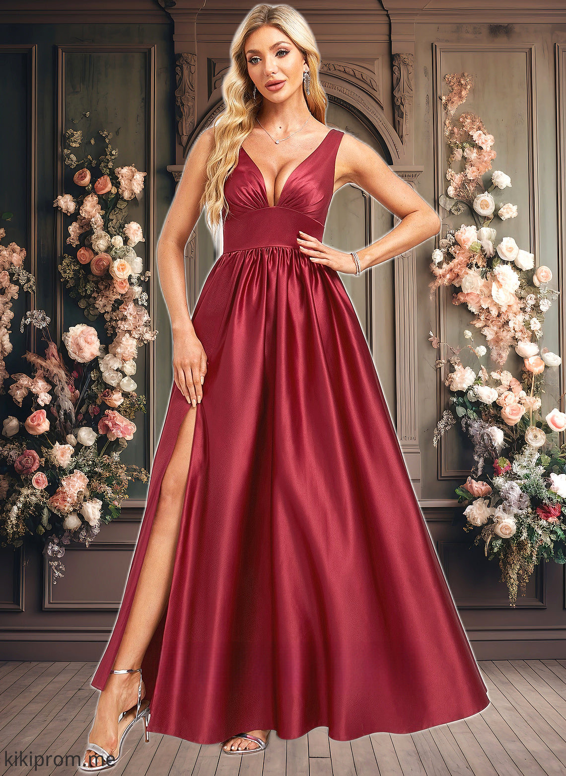 Meg A-line V-Neck Floor-Length Satin Bridesmaid Dress HFP0025775