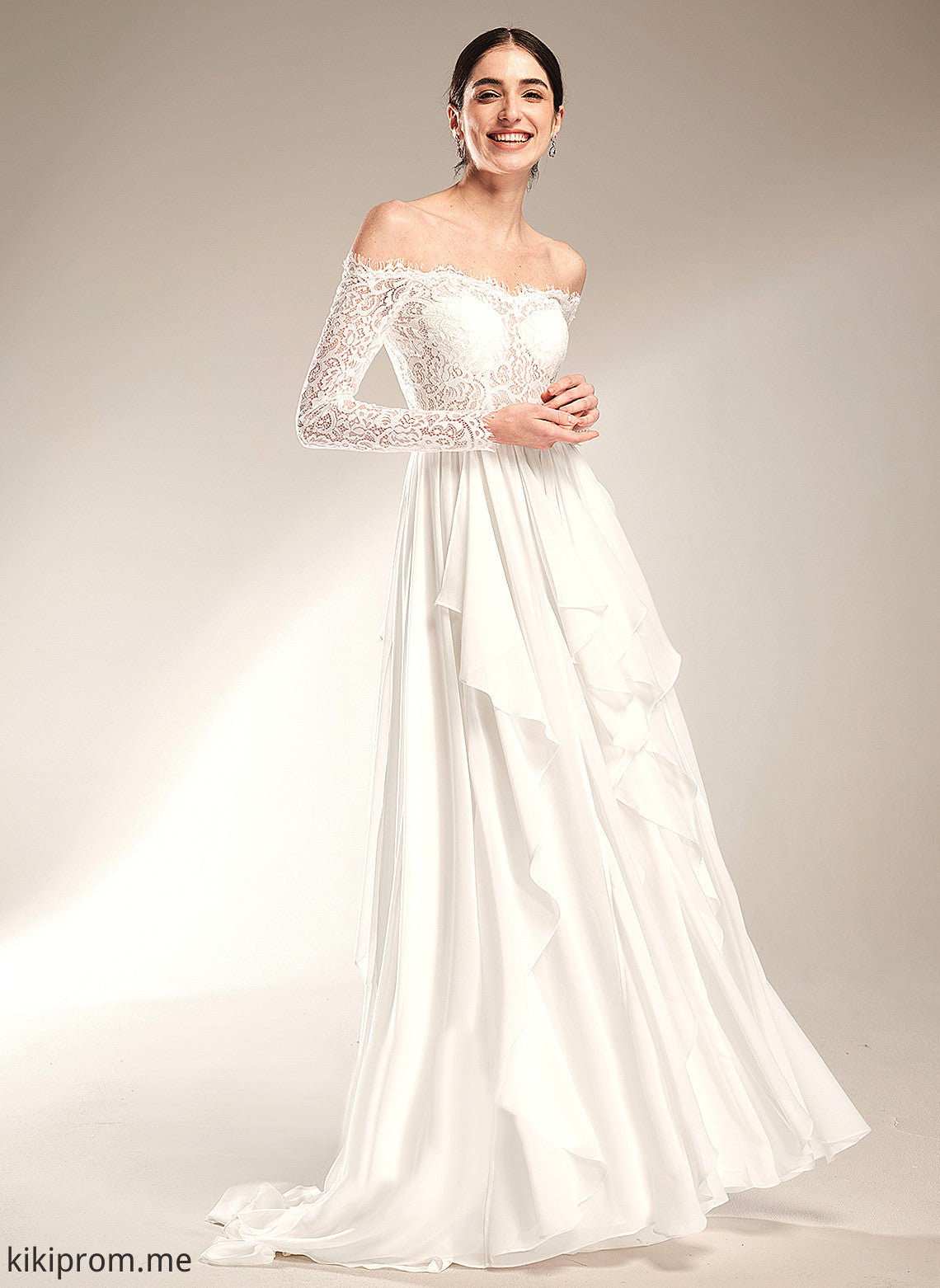 A-Line Court Wedding Dresses Train Chiffon Wedding With Lace Off-the-Shoulder Aaliyah Ruffle Dress