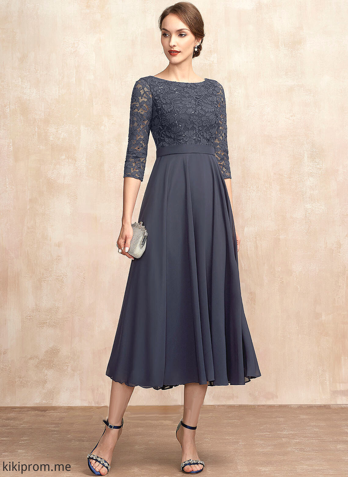 Dress Tea-Length Neck Chiffon the Mother Jessie Mother of the Bride Dresses Lace Sequins of With Scoop Bride A-Line