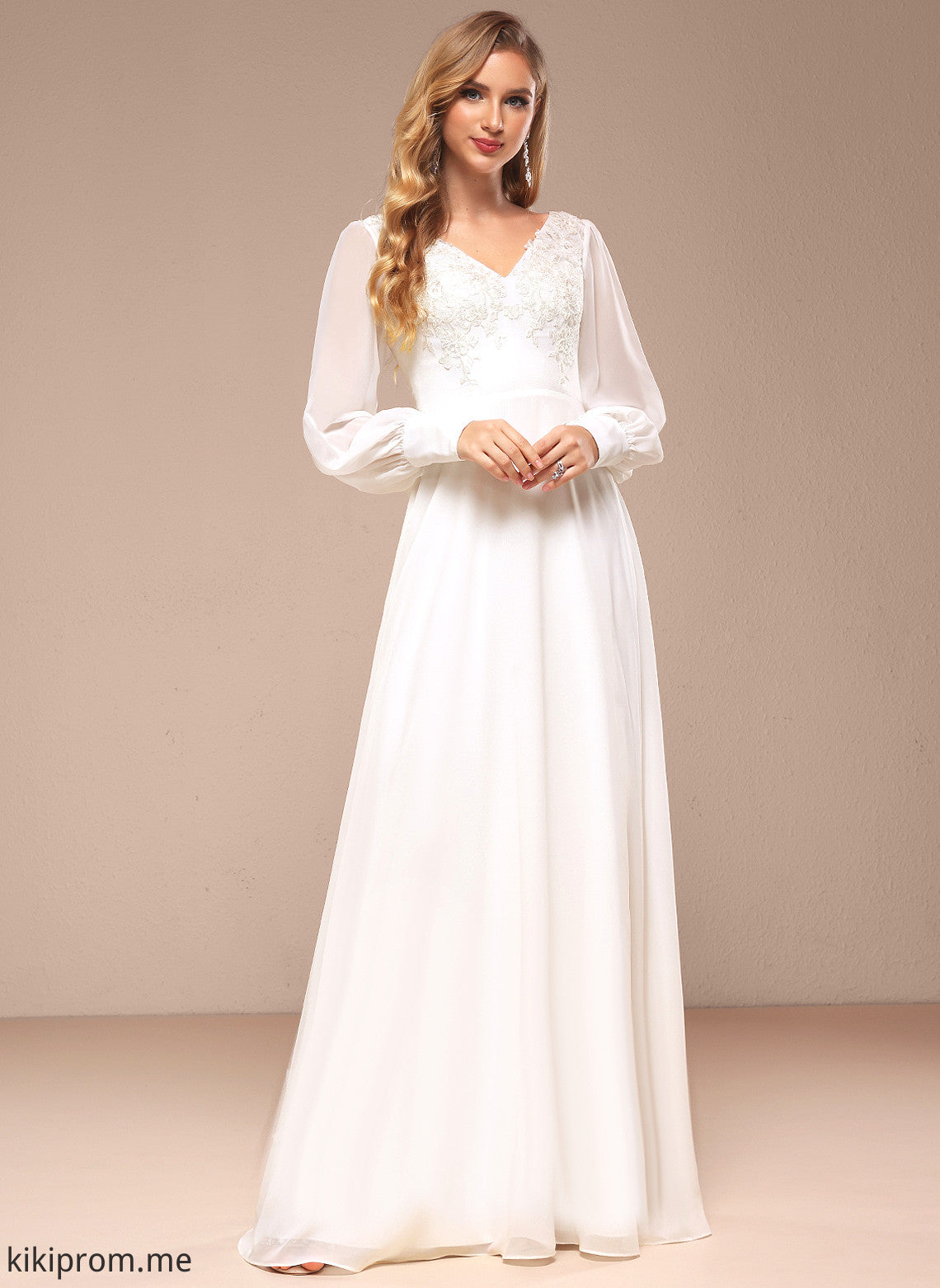 With A-Line V-neck Sequins Wedding Hortensia Wedding Dresses Floor-Length Chiffon Lace Dress