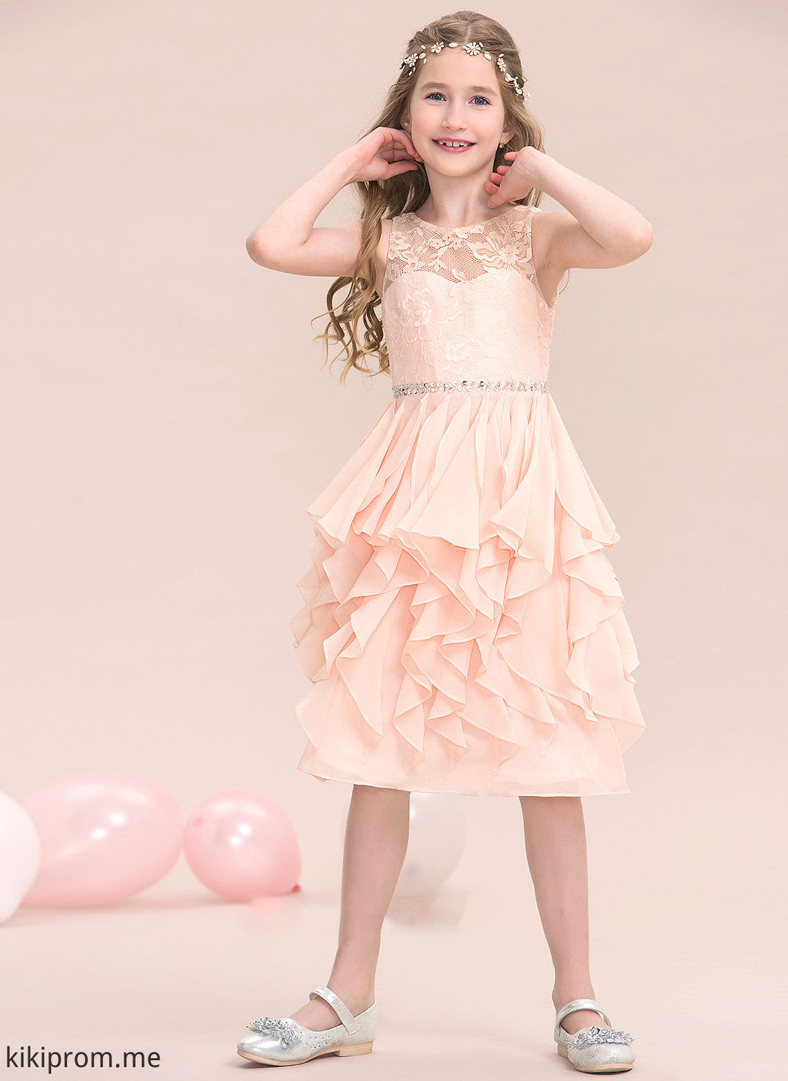 With Beading Ruffles Lisa Neck Cascading Junior Bridesmaid Dresses Scoop Chiffon Knee-Length A-Line Sequins