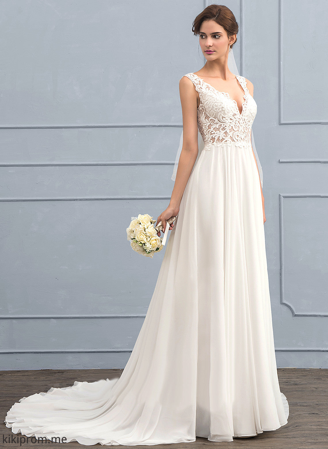 Court Genevieve Lace Wedding Dresses Chiffon Wedding A-Line V-neck Dress Train