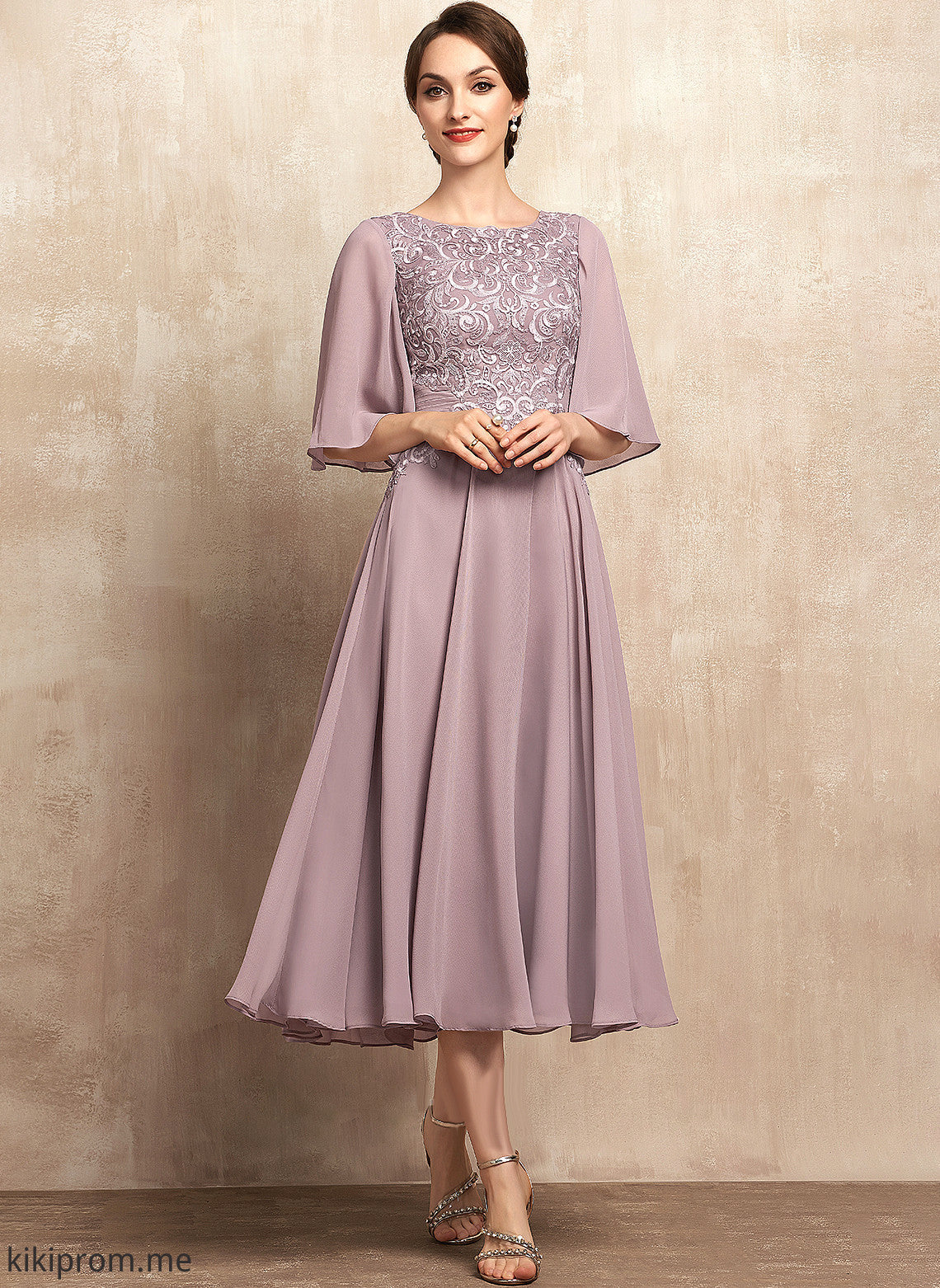 Susan Bride Mother Chiffon of Neck Mother of the Bride Dresses Scoop Lace Tea-Length A-Line the Dress