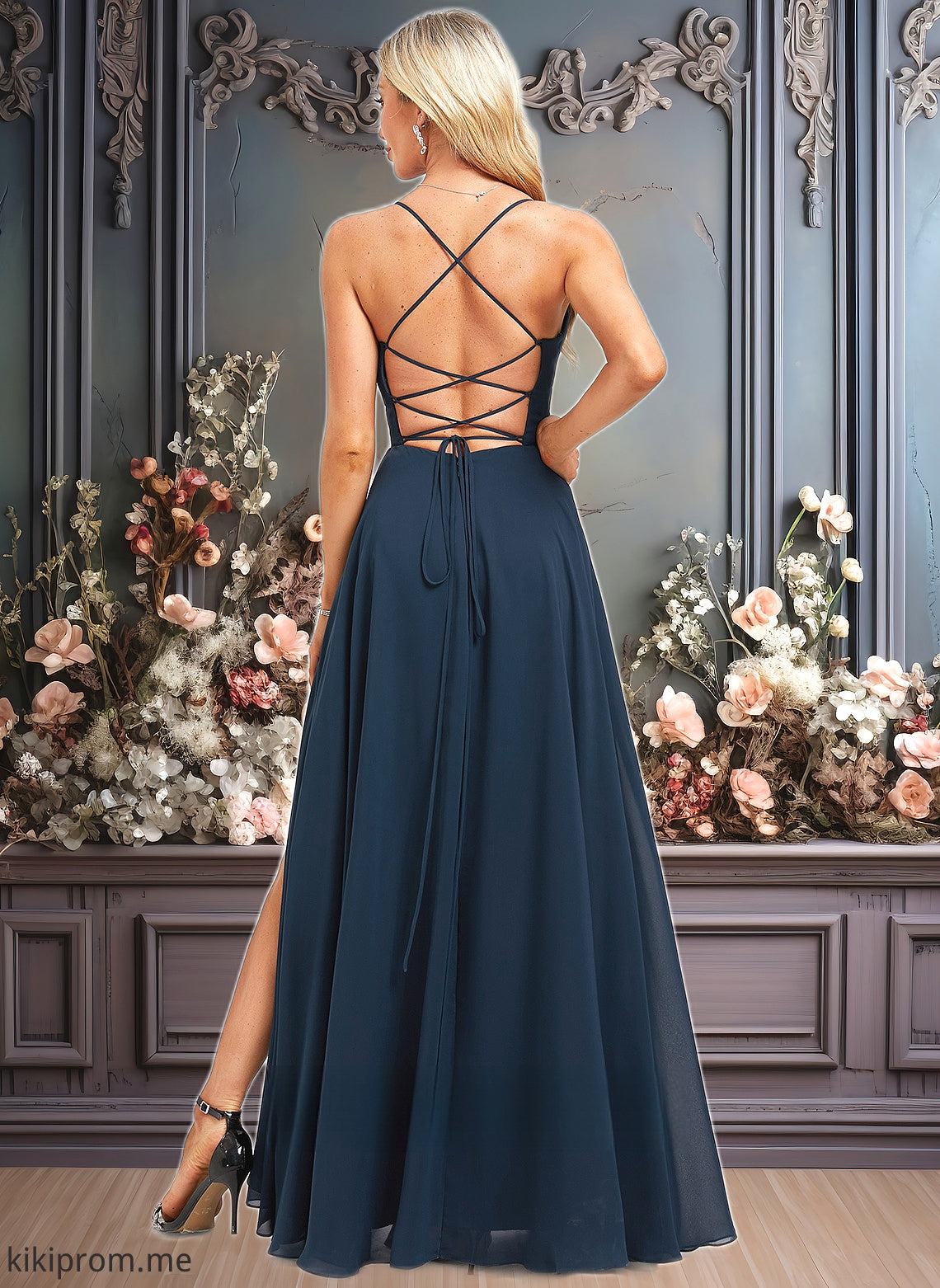 Greta A-line V-Neck Floor-Length Chiffon Prom Dresses With Pleated HFP0025830