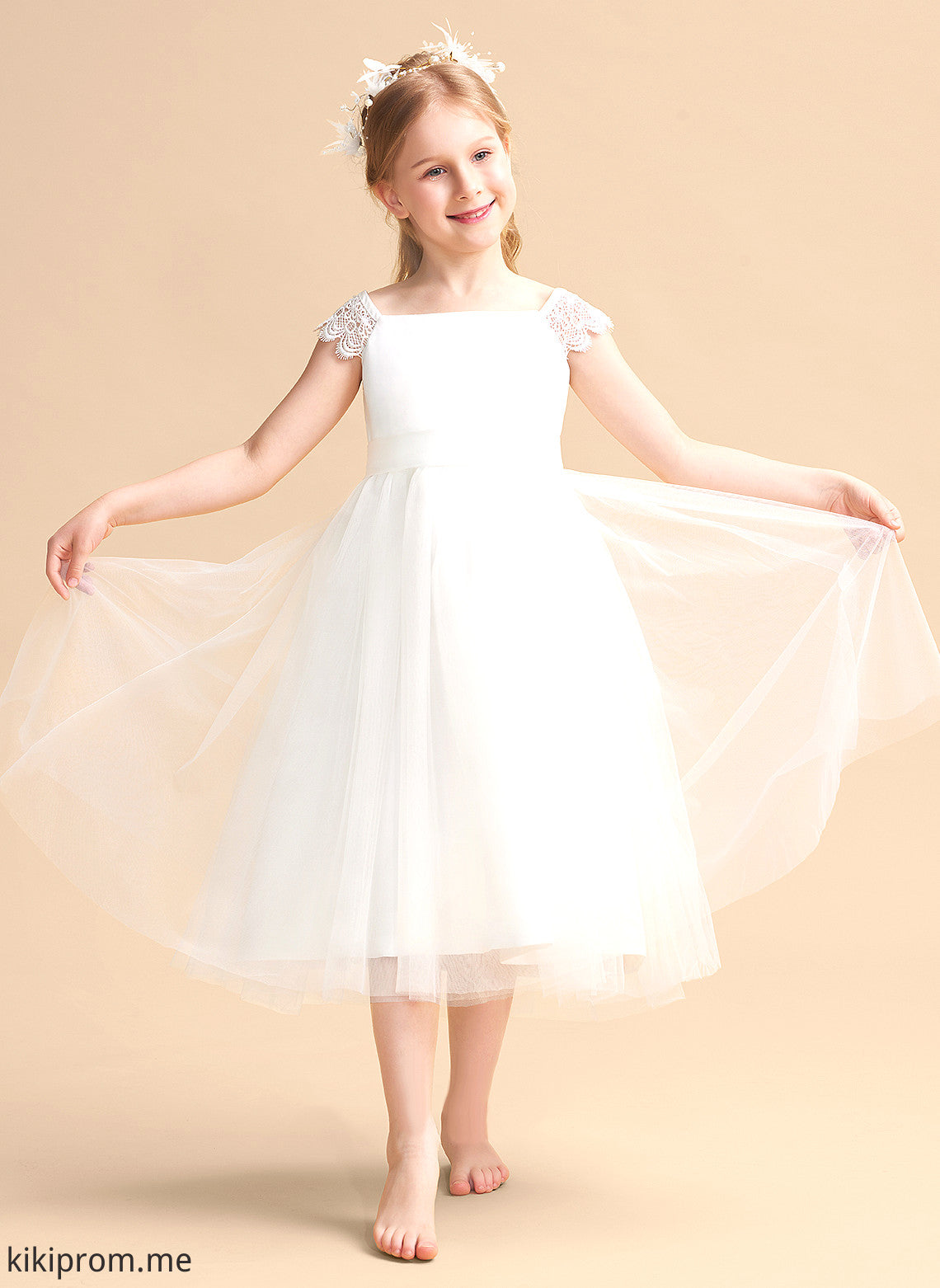 Tea-length Neckline Sleeveless Dress Flower Girl Mariah Flower Girl Dresses Square Lace/Sash - A-Line With Satin/Tulle