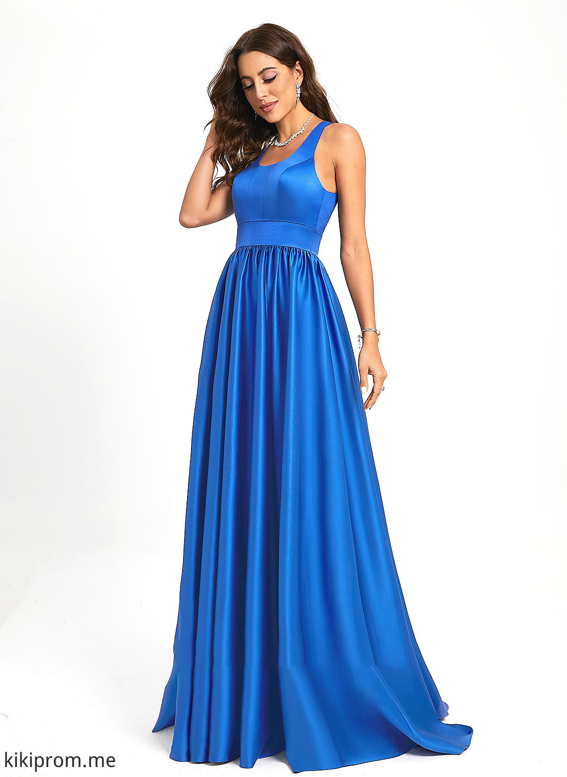 Kylie Train Neck Scoop Satin Sweep Prom Dresses A-Line