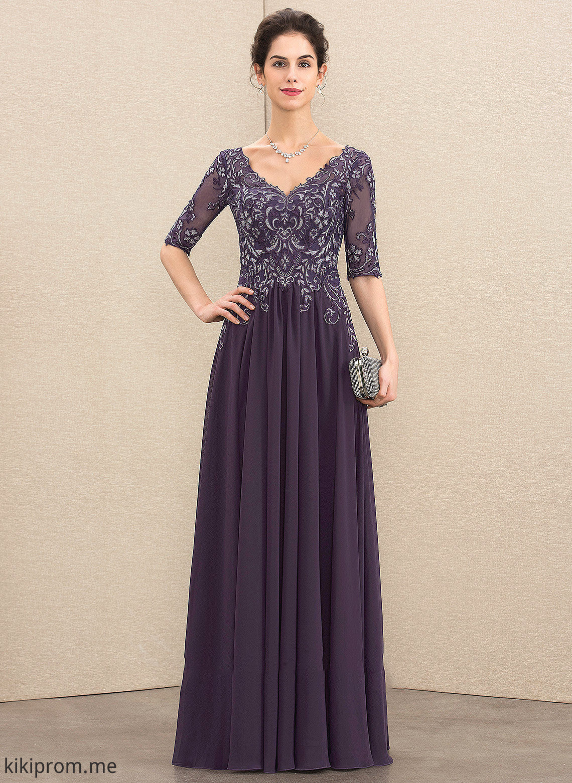 of Bride Floor-Length Dress Mother V-neck Mother of the Bride Dresses Lace A-Line Carleigh the Chiffon