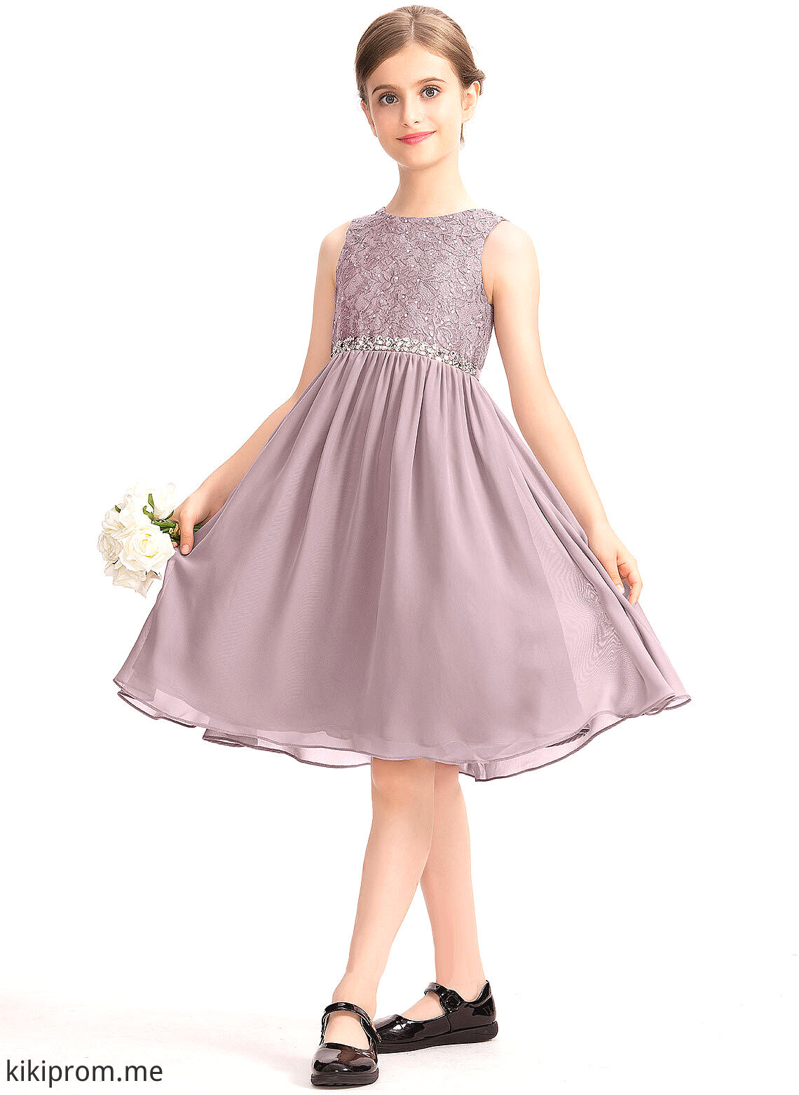 With Neck Scoop Bow(s) A-Line Junior Bridesmaid Dresses Jewel Knee-Length Beading Chiffon Lace