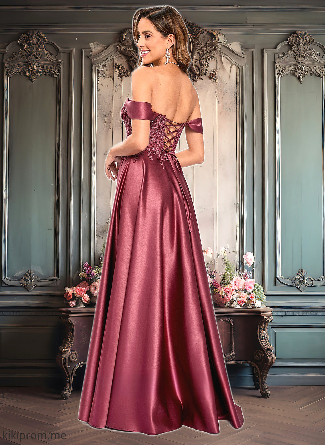 Gretchen A-line Off the Shoulder Floor-Length Satin Lace Prom Dresses With Sequins HFP0025841