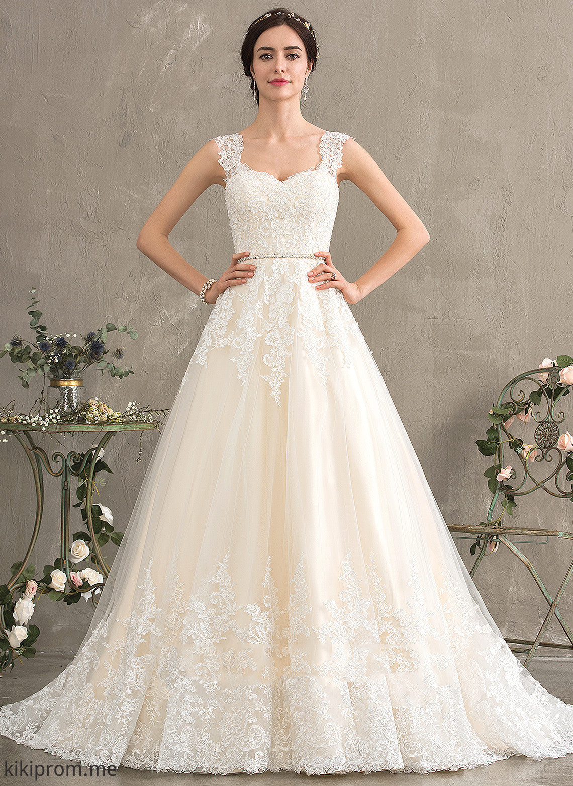 Ball-Gown/Princess Tulle Alanna Court Sweetheart Lace Train Dress Wedding Dresses Wedding Sequins With Beading