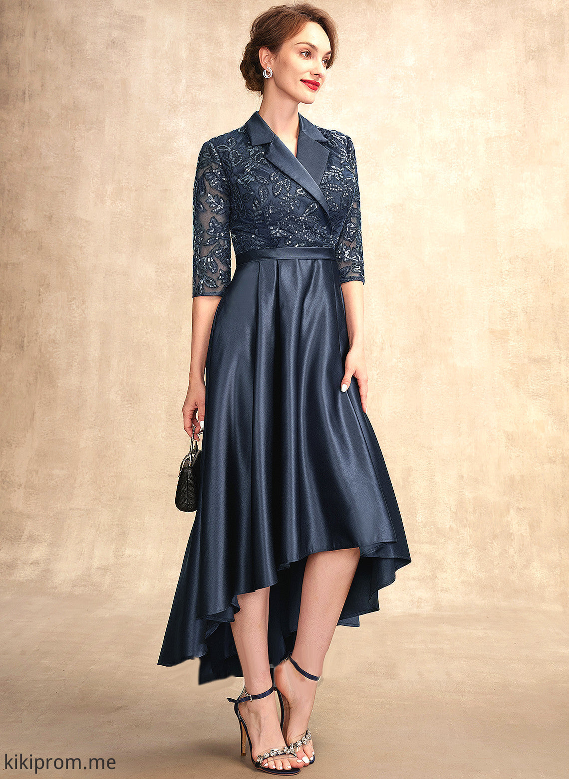 Lace Bride Pockets Mother of the Bride Dresses Kaitlyn Dress Satin V-neck With Asymmetrical A-Line of the Sequins Mother