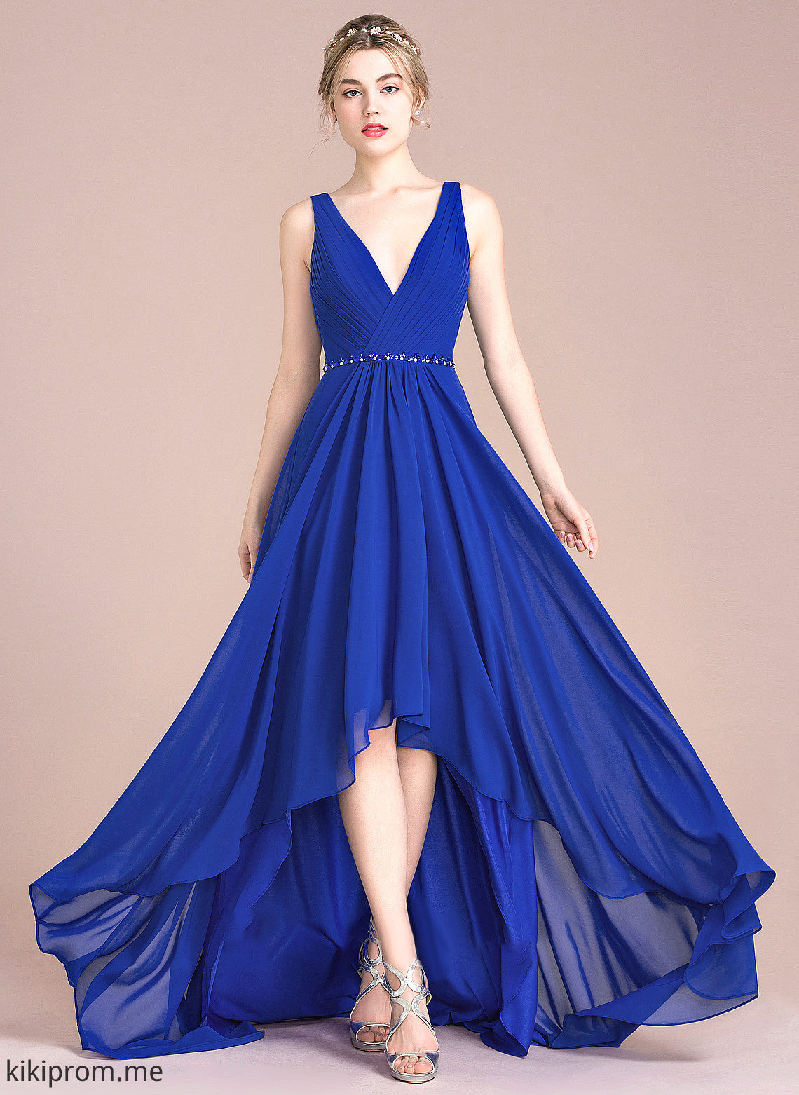 Asymmetrical Chiffon V-neck Prom Dresses Sequins Haven Ruffle With A-Line Beading