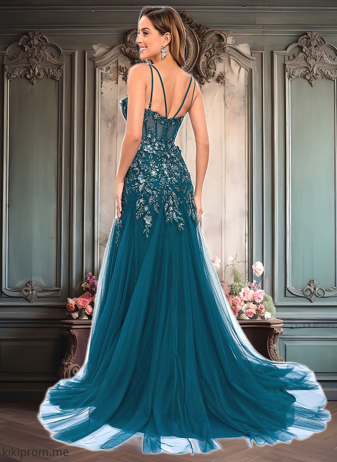 Savanah Trumpet/Mermaid V-Neck Sweep Train Tulle Prom Dresses With Sequins Appliques Lace HFP0025853