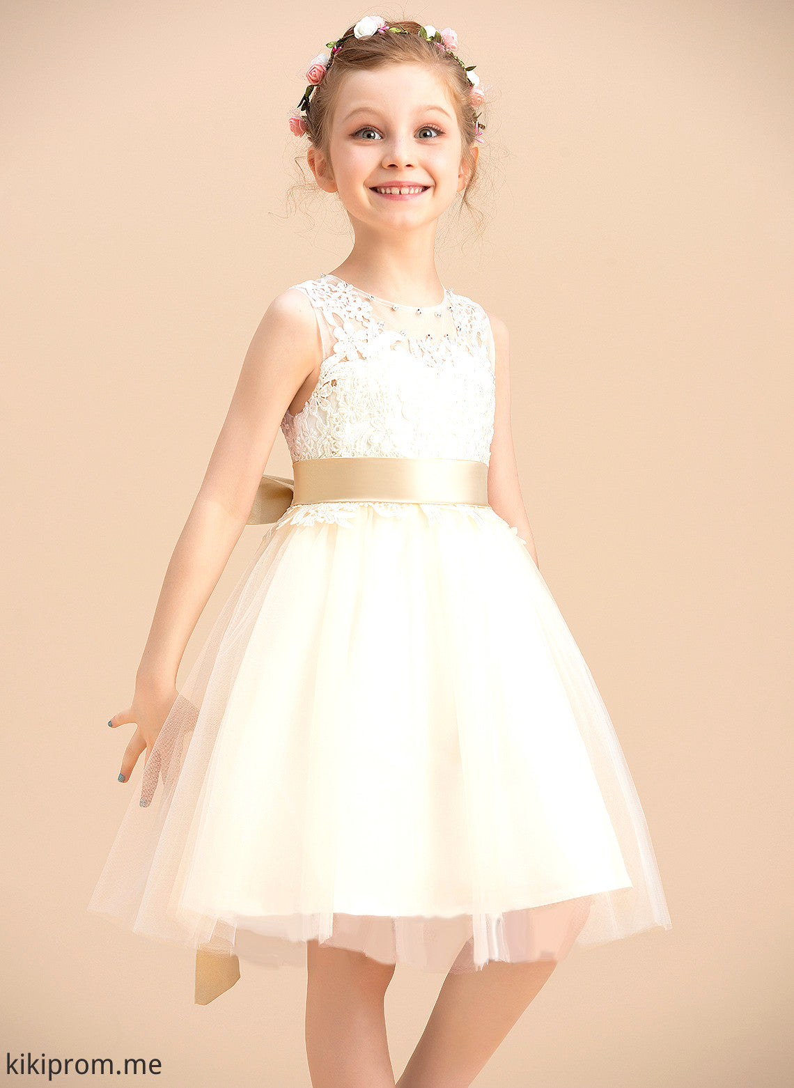 A-Line Neck Flower Girl Dresses Hole Flower Girl - With Hanna Scoop Sleeveless Knee-length Sash/Beading/Back sash) Tulle/Lace (Detachable Dress