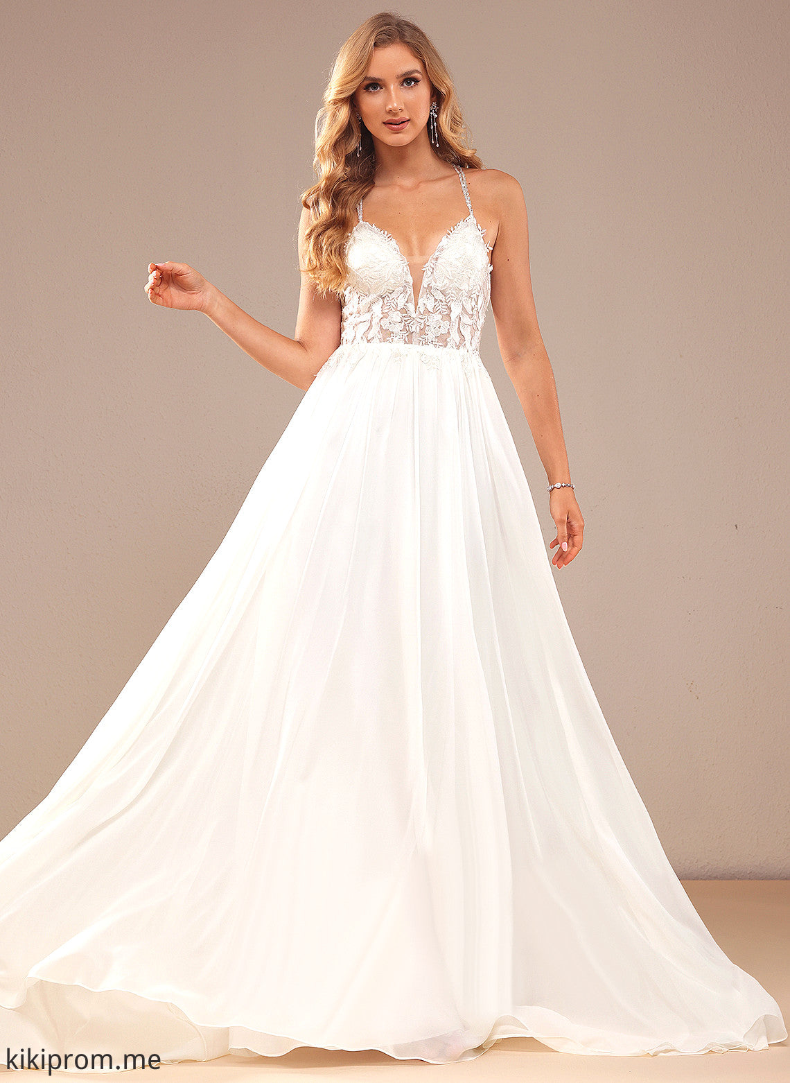 Beading A-Line Lace Kierra Dress Chiffon Wedding With Wedding Dresses Sequins Train V-neck Sweep