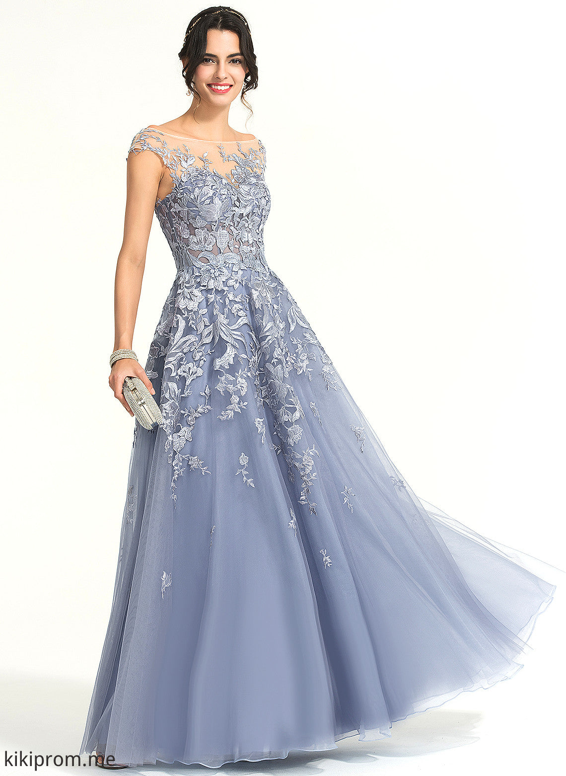 Off-the-Shoulder Lace Floor-Length Prom Dresses Tulle Illusion A-Line Jaliyah