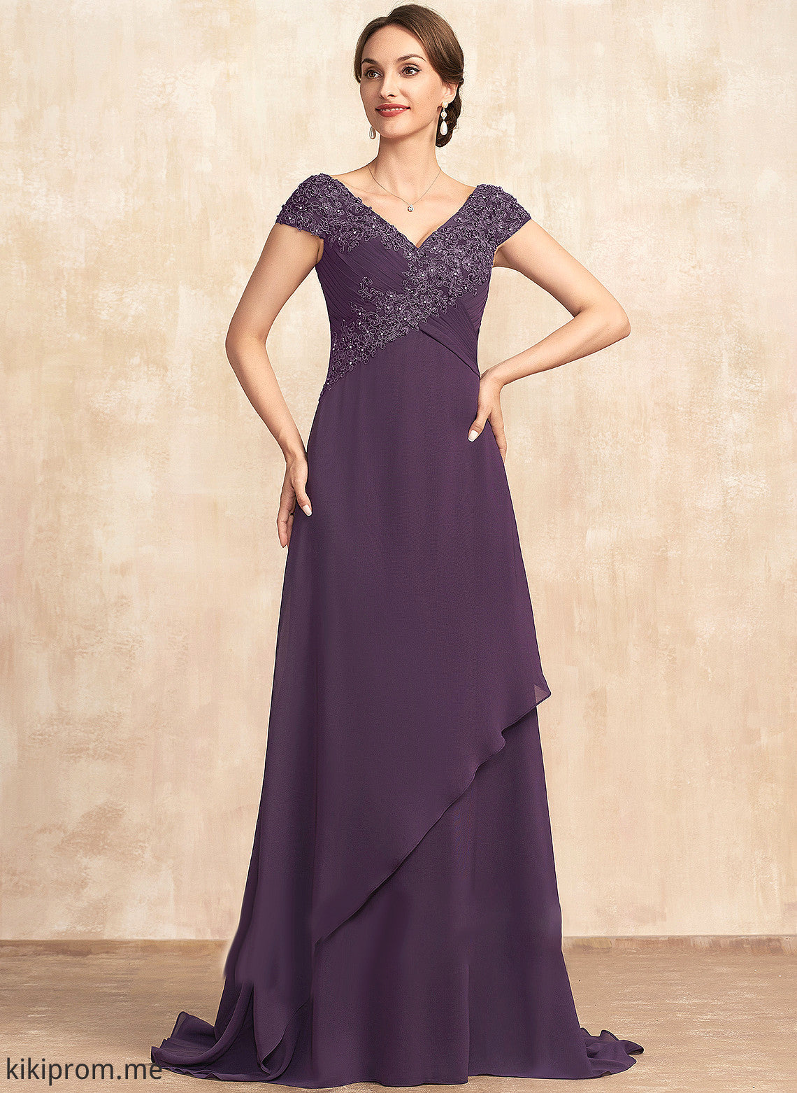 the Bride Mother of the Bride Dresses of Sweep A-Line Train Chiffon V-neck Beading Dress With Lace Ruffle Mother Ryan