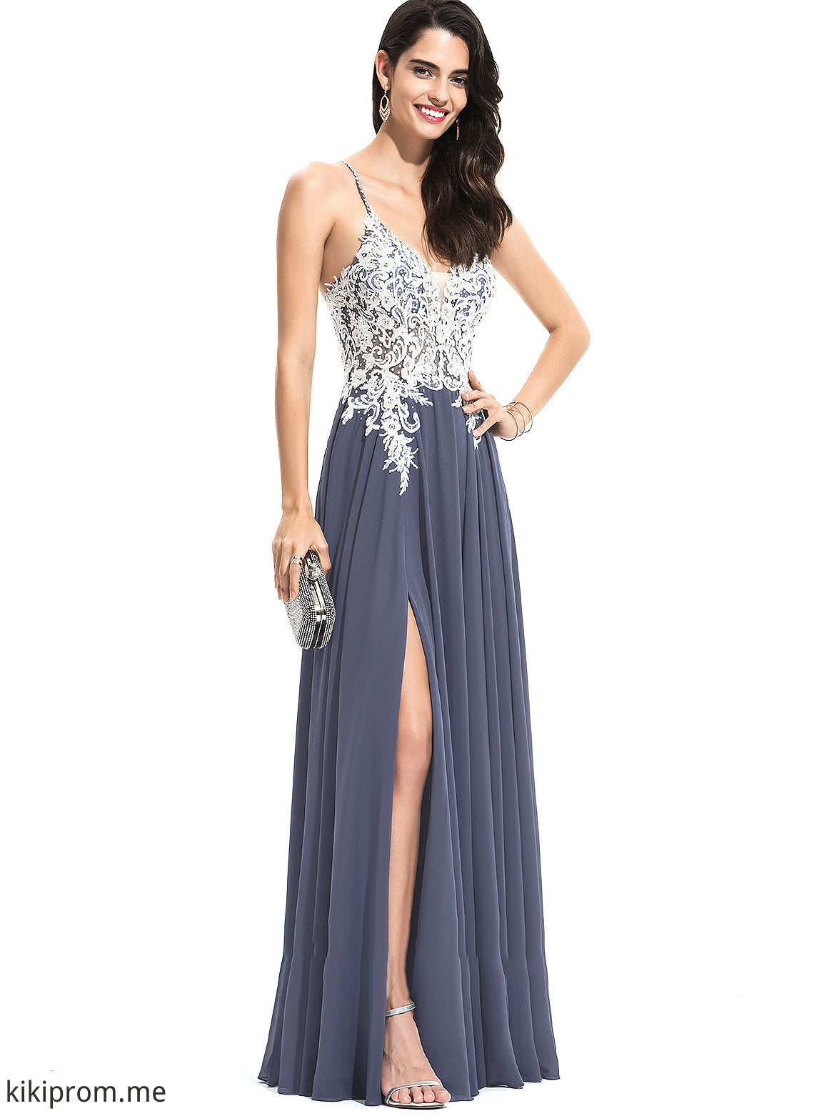 Chiffon Nicky Front Beading Floor-Length With Lace A-Line Prom Dresses Sequins Split