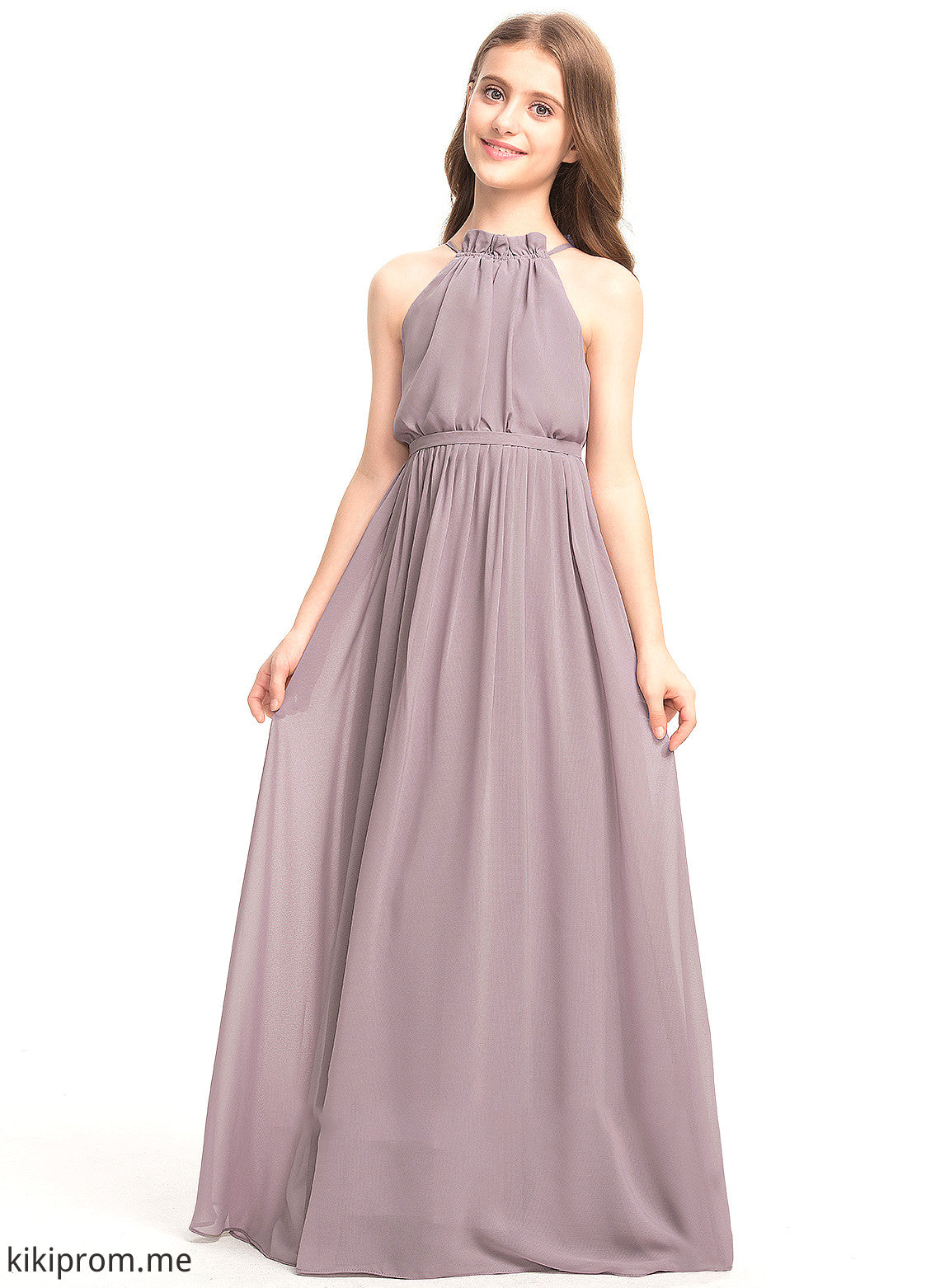 With A-Line Neck Cascading Floor-Length Jayleen High Chiffon Junior Bridesmaid Dresses Ruffles Bow(s)