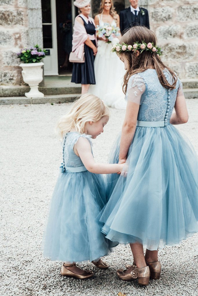 A-Line Mid-Calf Blue Lace Top Tulle Scoop Sleeveless Cheap Junior Flower Girl Dress