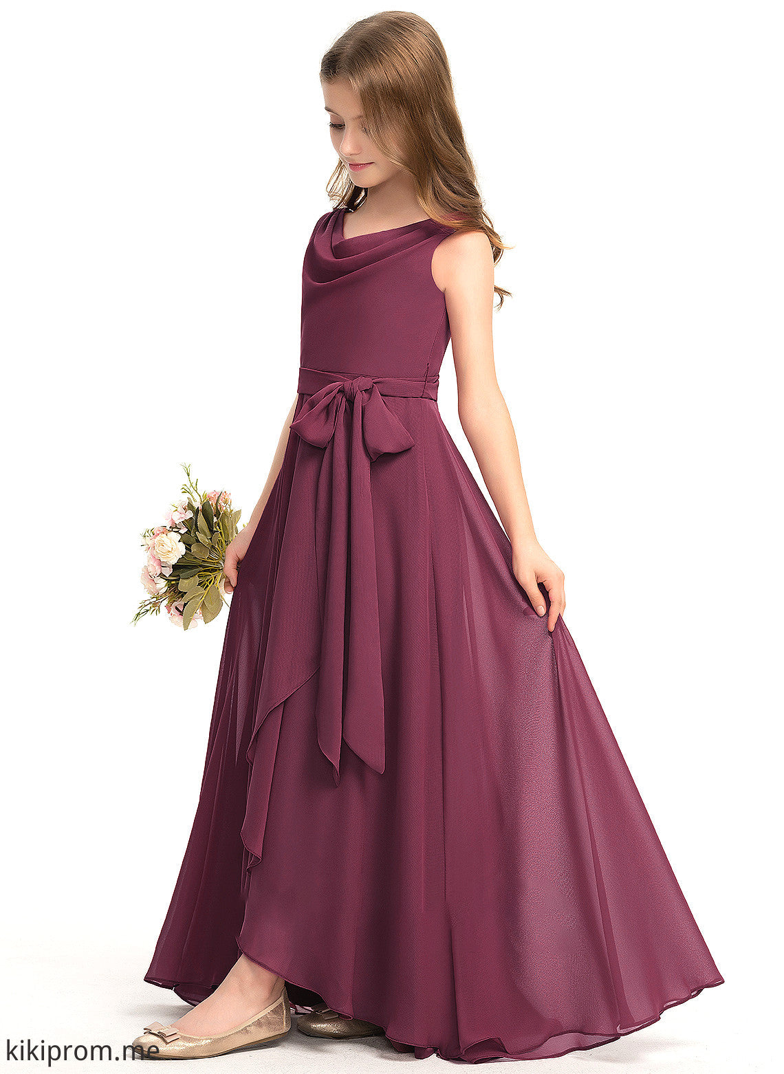 With Cowl Junior Bridesmaid Dresses Neck A-Line Chiffon Bow(s) Lilia Asymmetrical