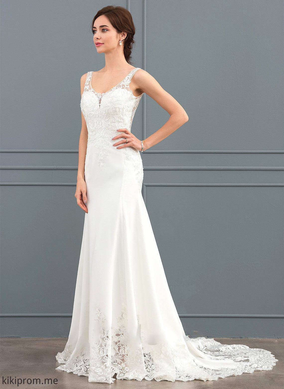 With Crepe Presley Dress Train Trumpet/Mermaid Lace Wedding Dresses Stretch V-neck Wedding Sequins Court