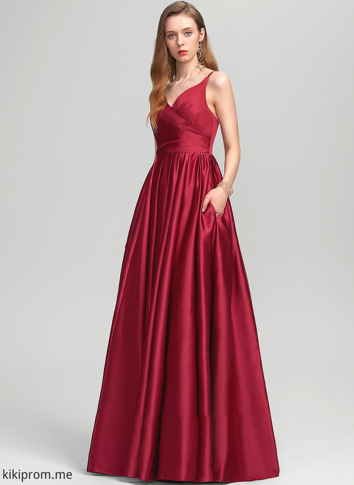 With Pockets A-Line Ruffle V-neck Prom Dresses Jordyn Satin Floor-Length